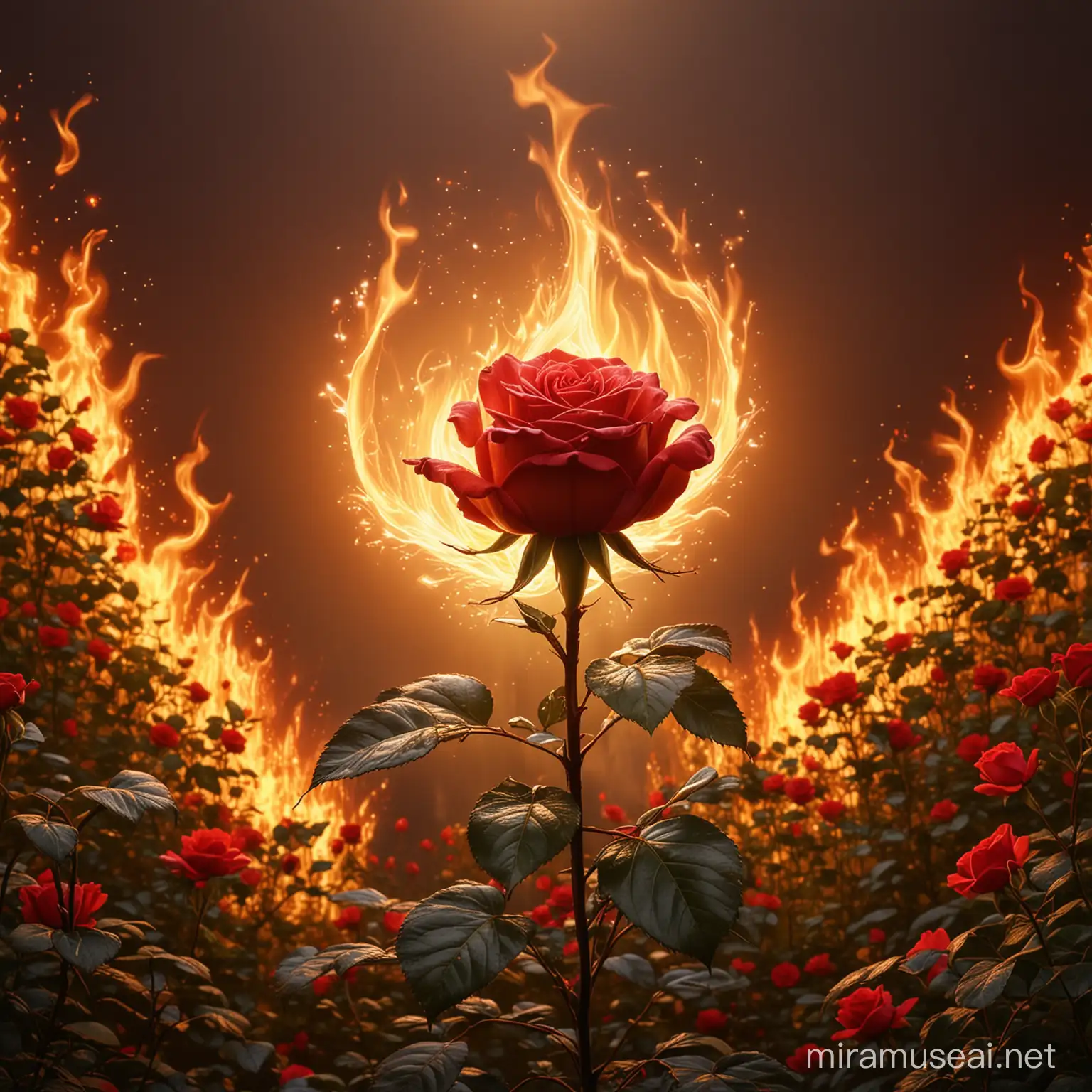 Flaming Red Rose Illuminated by Golden Light in Rose Bush