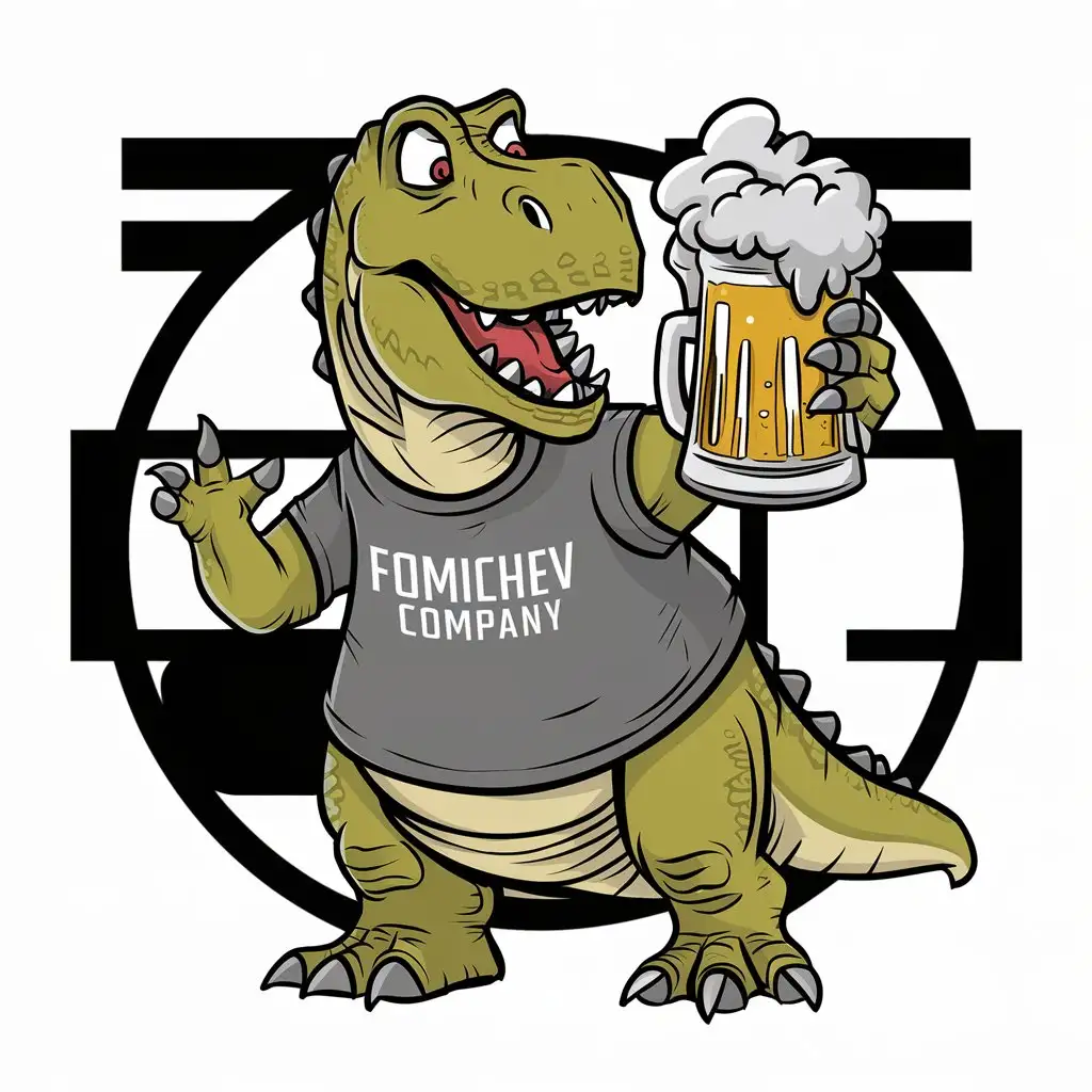 Динозавр пьет пиво в футболке с надписью "Fomichev company"