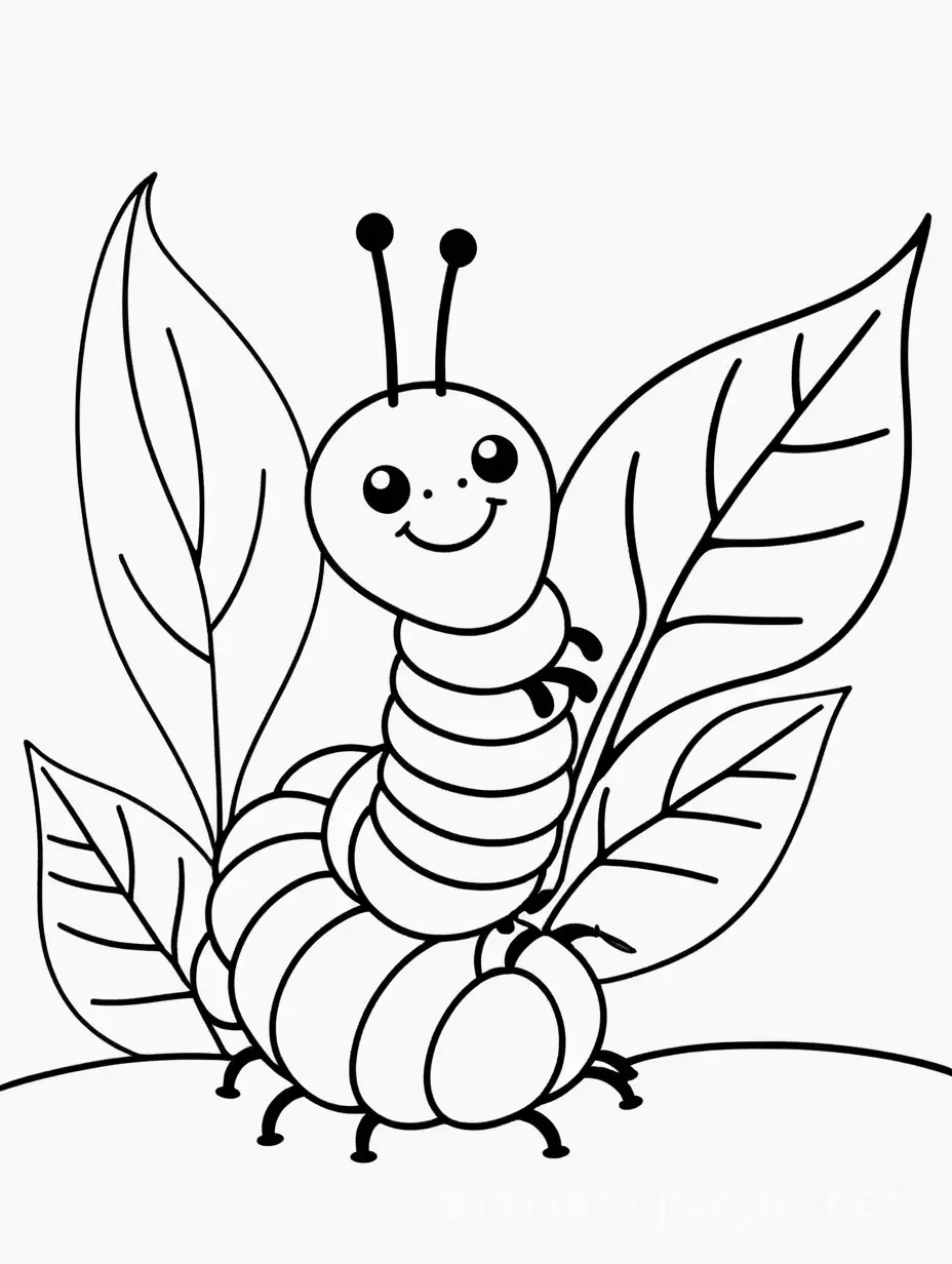 a caterpillar eats a leaf, Coloring Page, black and white, line art, white background, Simplicity, Ample White Space. The background of the coloring page is plain white to make it easy for young children to color within the lines. The outlines of all the subjects are easy to distinguish, making it simple for kids to color without too much difficulty
