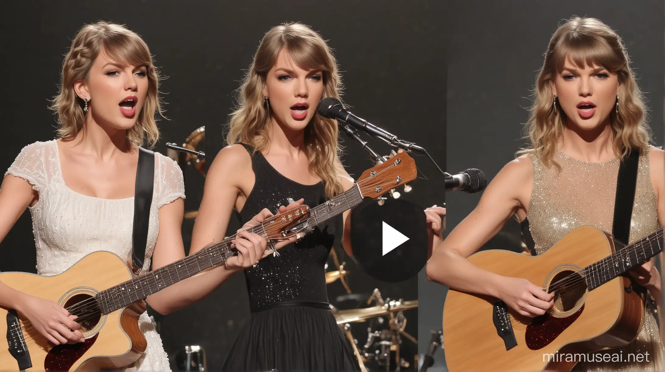 A  side by side comparison of a person  playing many instruments and Taylor Swift singing.
