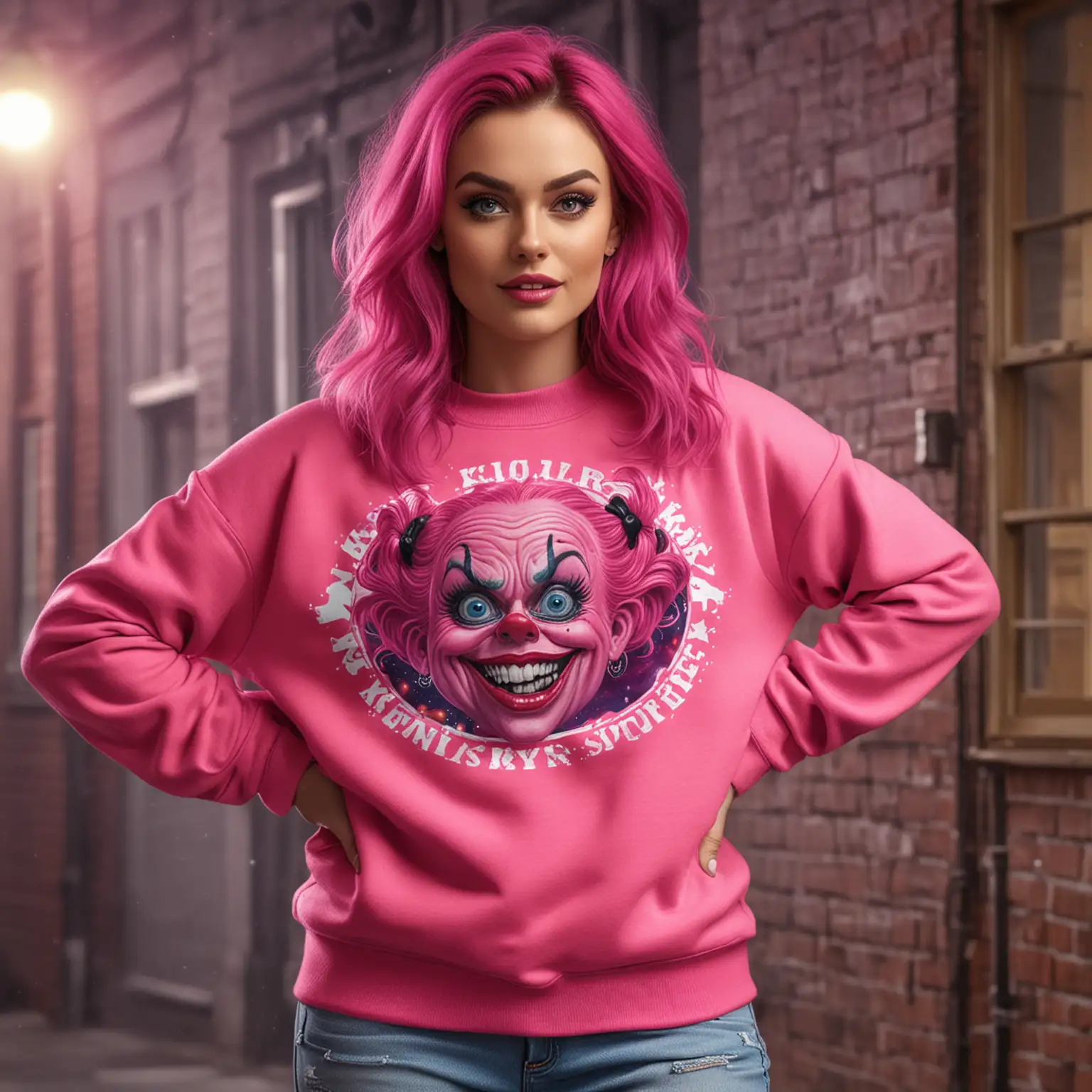 a mockup for a bright pink sweatshirt.  the model should be female.  the background of the photo should resemble a scene from the movie killer klowns from outer space
