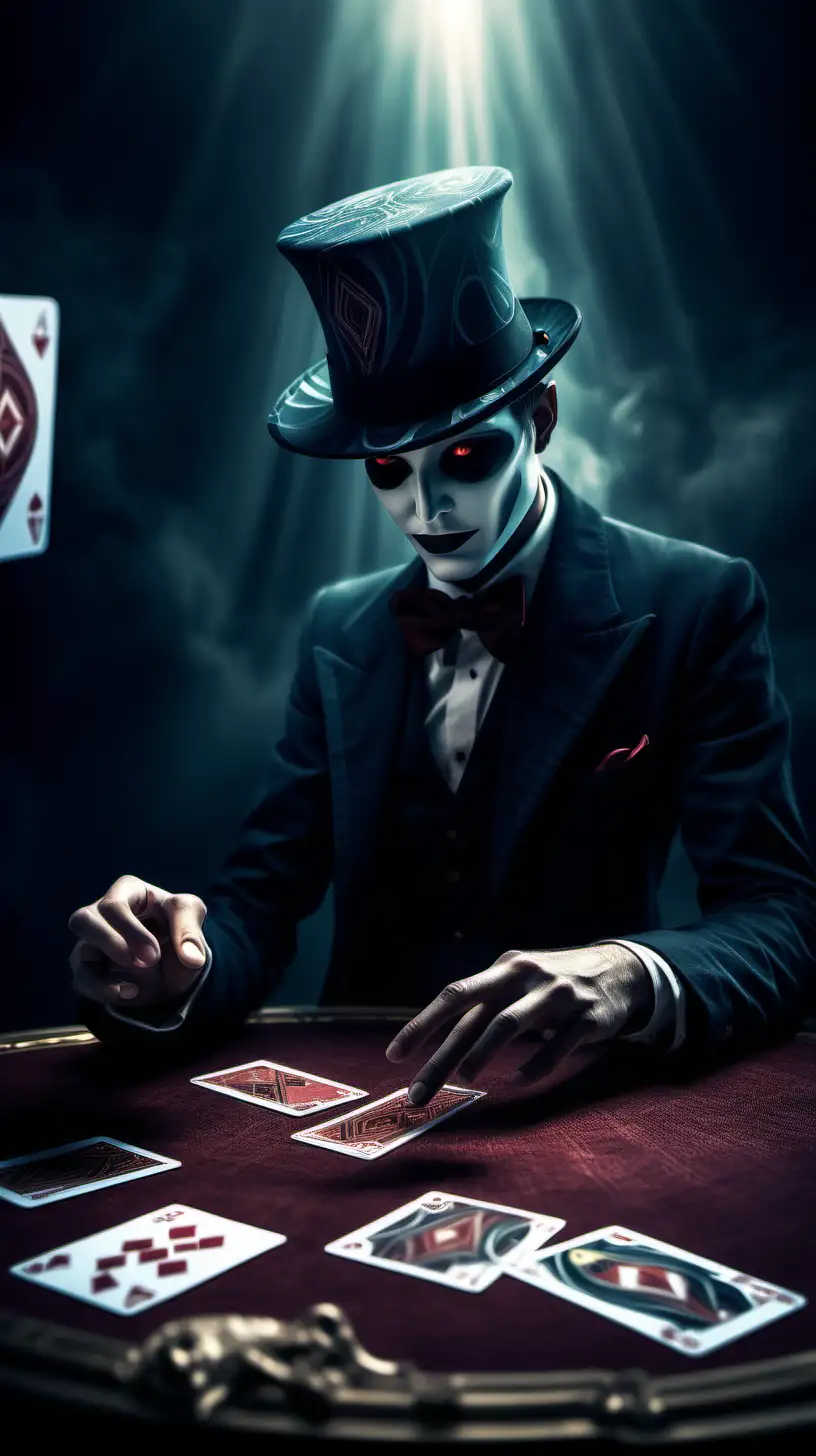 Enigmatic Card Trick Digital Art showcasing a trickster playing cards in a surreal and enigmatic scene. Creating an atmosphere of mystery and illusion, Inspirations from Fantasy Art, Medium Shot, Quantum Wavetracing Render, Moody Lighting
