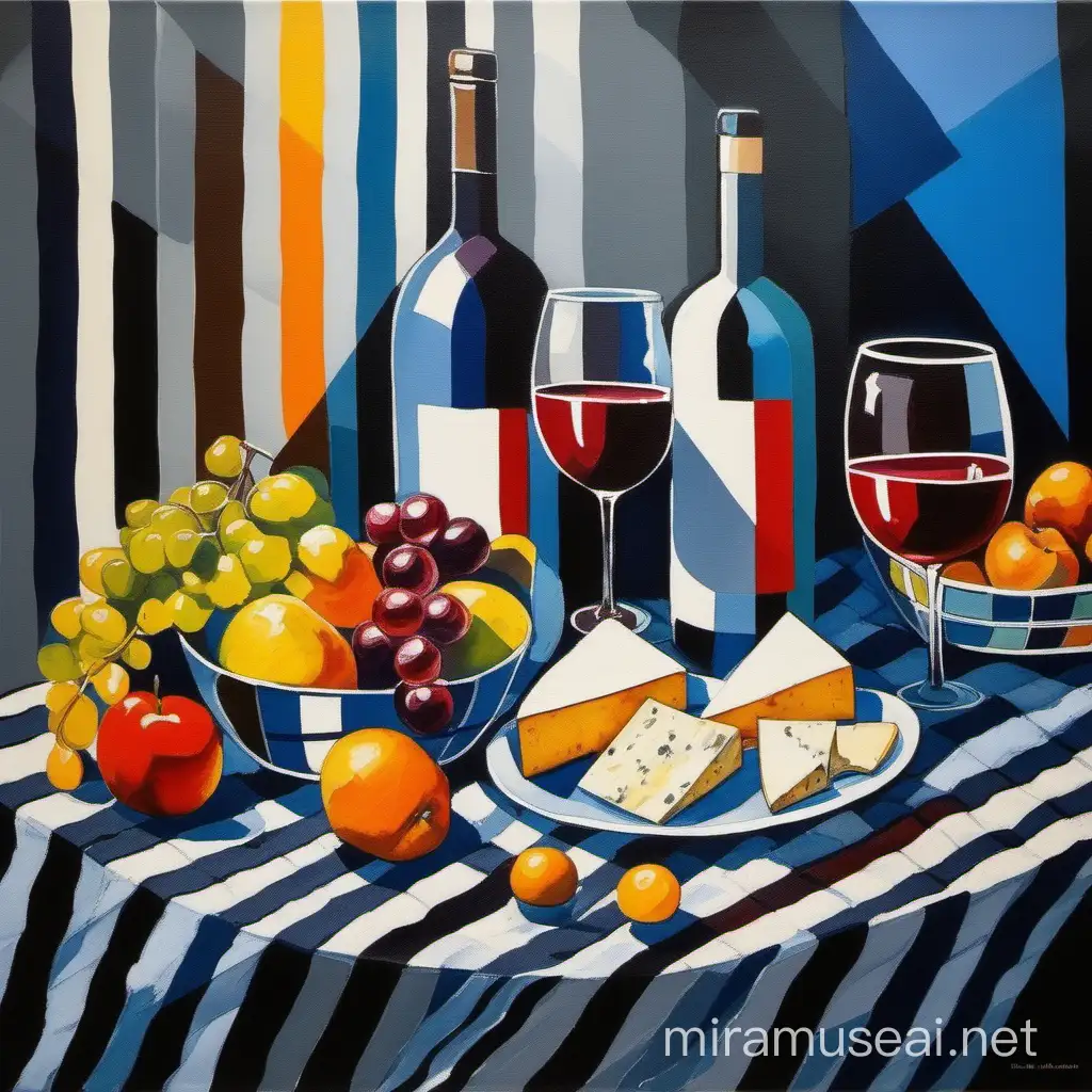 Still life colorful picnic on striped tablecloth with wine, fruit, cheese in the style of Picasso, Paul Balmer and and Thomas Wells Schaller acrylic painting