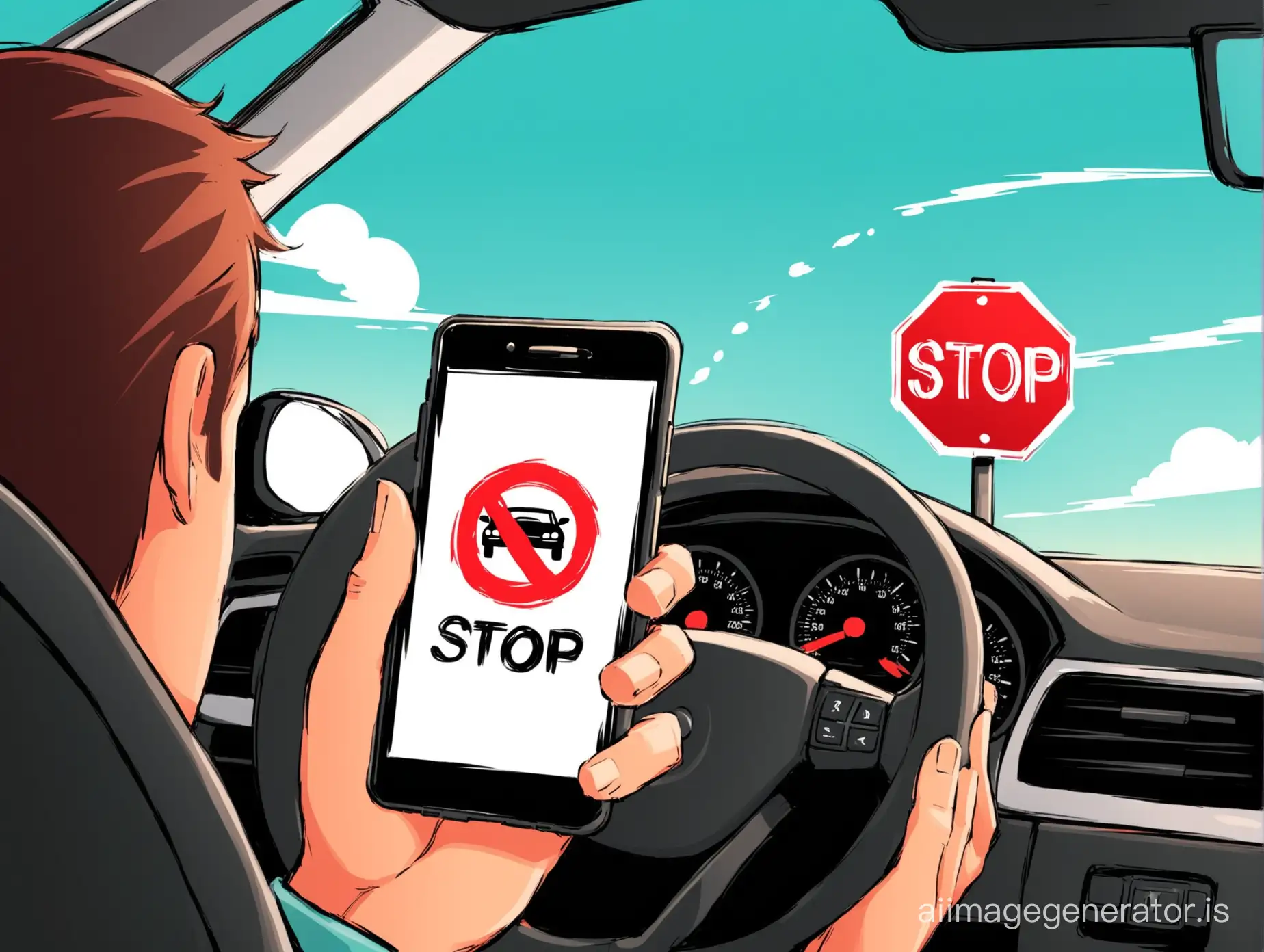 1. **"Stop Texting, Start Driving"**: Illustration of a driver focused on their phone instead of the road, with a red "stop" sign over the phone.