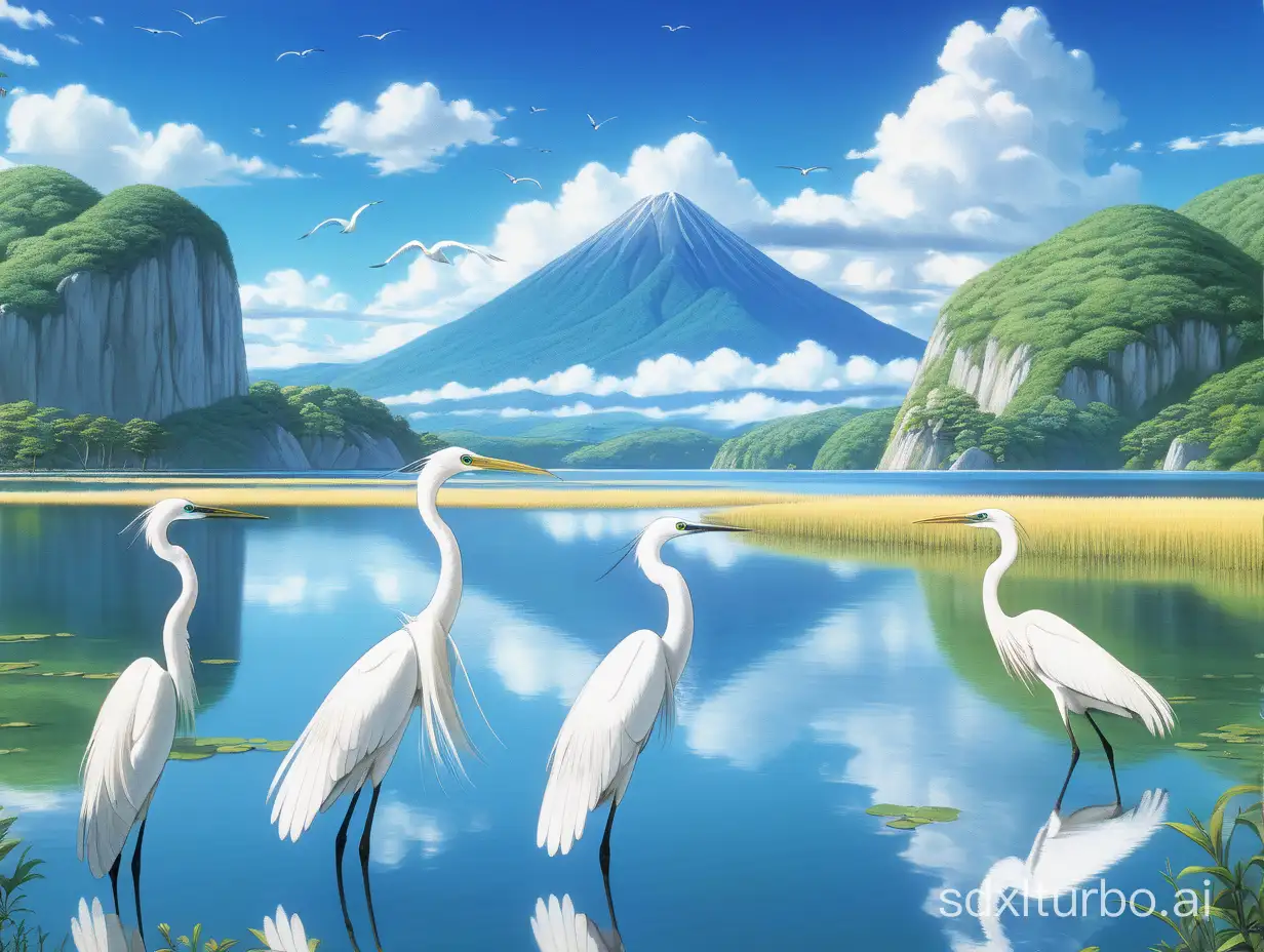 In the foreground is the lake, clear water, a mountain in the distance, blue sky, white clouds, egrets, natural light, Hayao Miyazaki style, golden ratio composition, first-person view, Sony Master Lens, high detail, 4K resolution, the whole picture gives a sense of harmony.