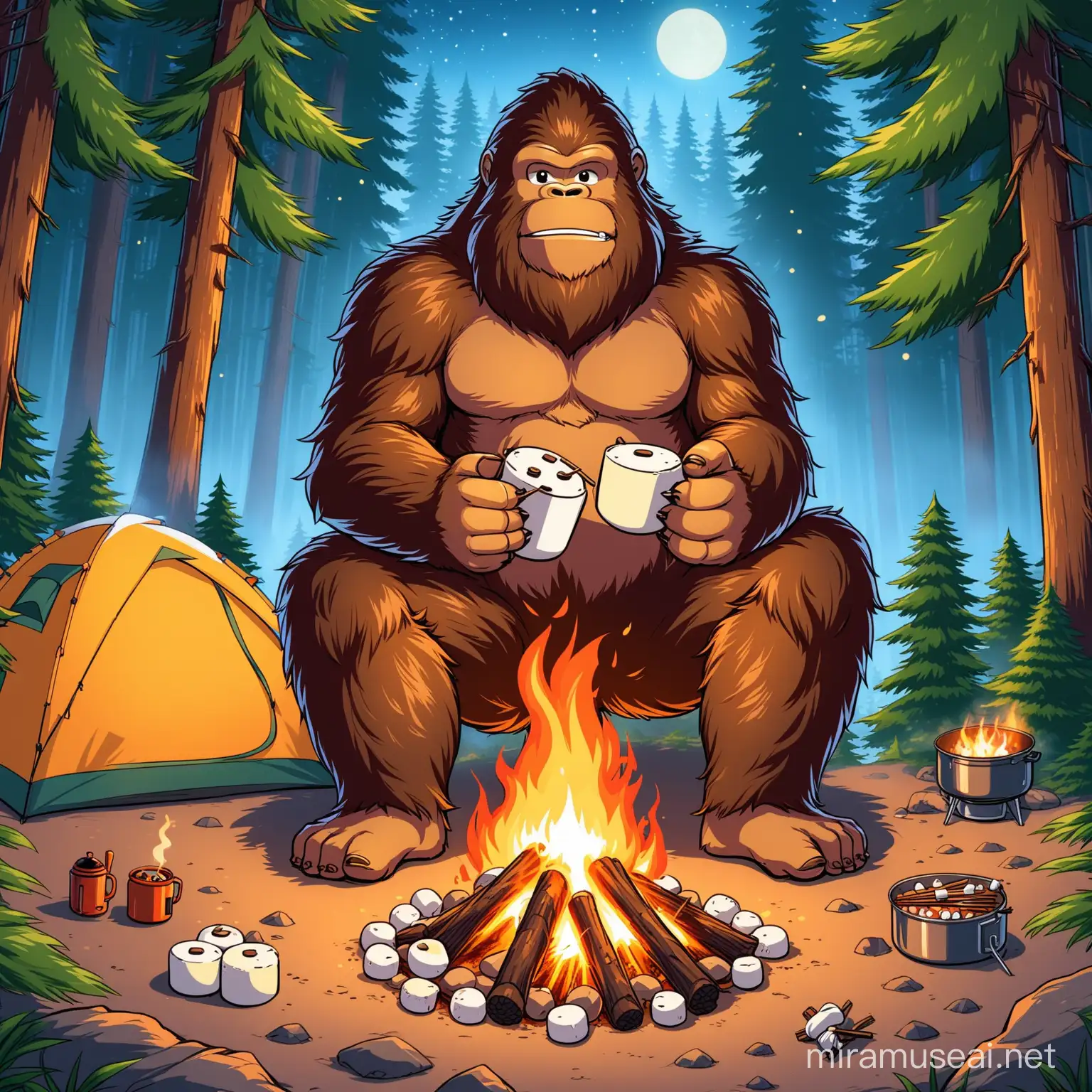 Bigfoot Camping and he is roasting marshmallows around a fire.
