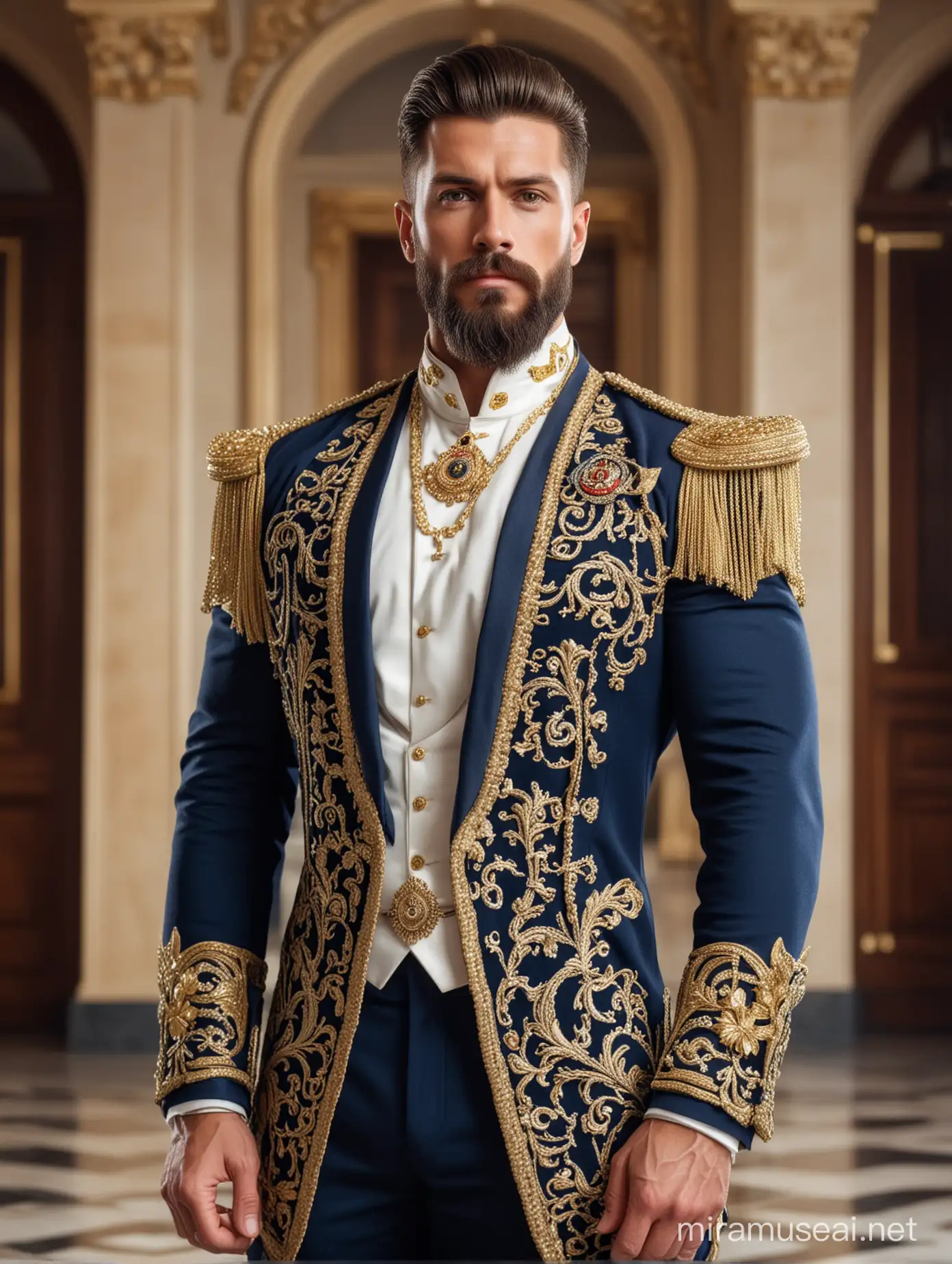 Tall and handsome bodybuilder king with beautiful hairstyle and beard with attractive eyes and Big wide shoulder in navy, white and golden cavalry suit with necklace standing inside palace