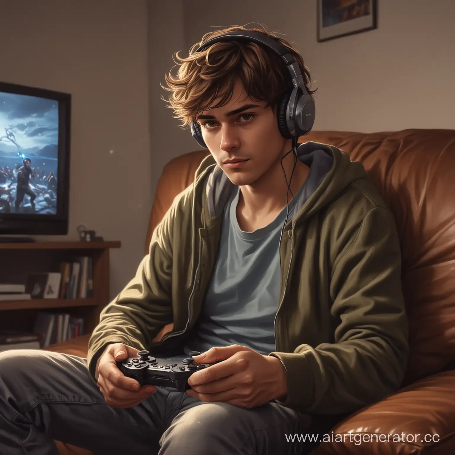 Man-Playing-Video-Games-on-Couch-in-Dark-Room-with-Headphones