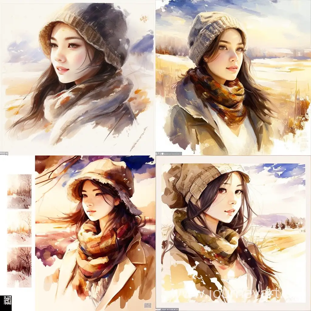 style impressionism charm of the natural beauty of youth and health, beautiful painting with watercolors and ink, smooth steppe, winter, bright sun, blue sky, white clouds, beautiful Asian girl 19 years old, white glowing skin, radiant big brown eyes, light smile, straight nose, wide cheekbones, black brownish hair, warm knitted hat, knitted wool scarf, warm buttoned coat, long dress with long sleeves, high stand-up collar, hair in a braid, round cap on her head, girl in the middle, focus on the face, walking, beautiful picture, waist-length portrait, pleasant, joyful, optimistic.