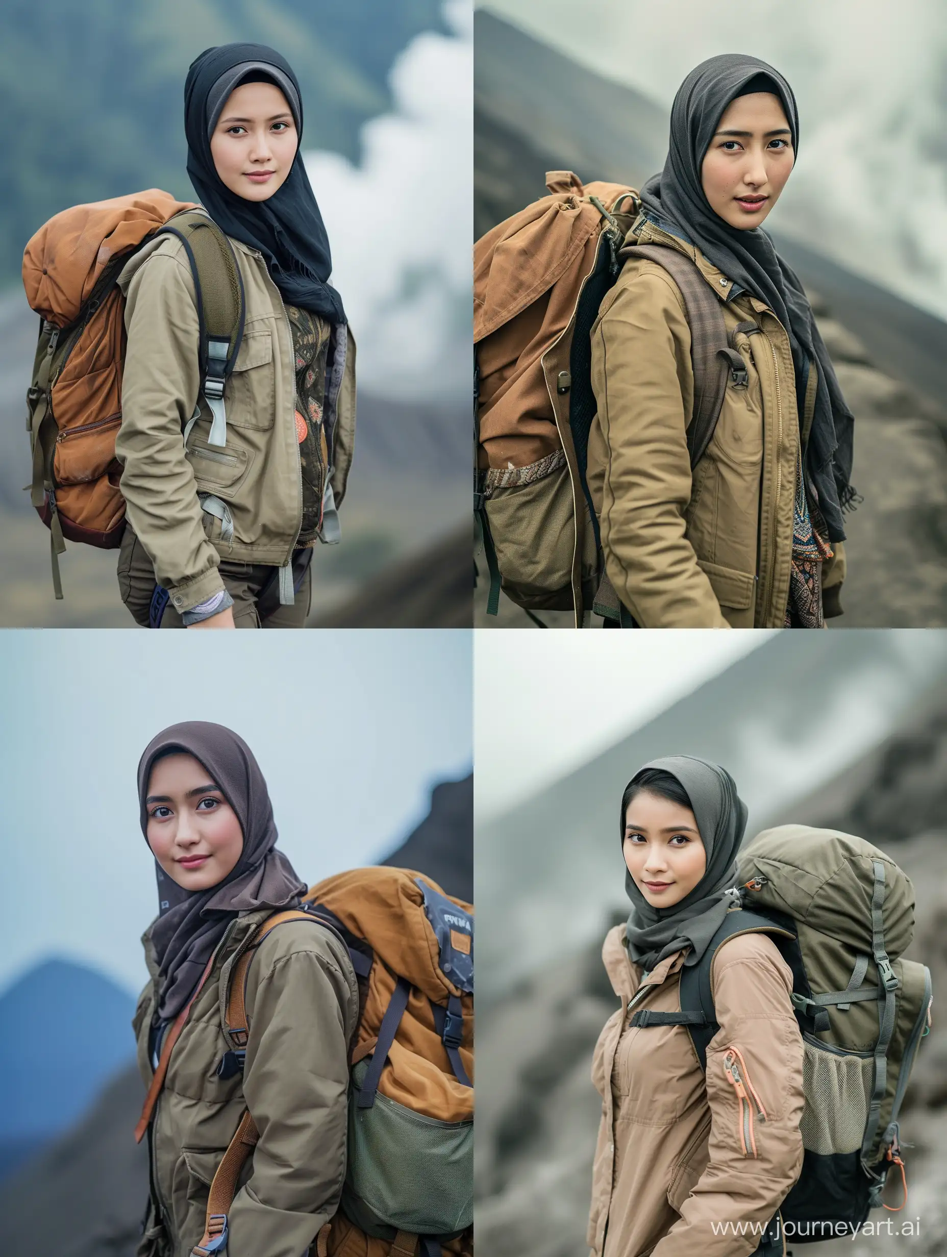 Beautiful Indonesian woman wearing a Javanese hijab (25 years old, oval and clean face, ideal body, straight and neat black hair, Indonesian skin, wearing a trucker jacket and backpack, standing pose, photography style photo facing forward, face visible, the woman is climbing a mountain bromo high, bright ultra HD atmosphere, original photo, high detail, ultra sharp, 18mm lens, realistic, photography, Leica camera