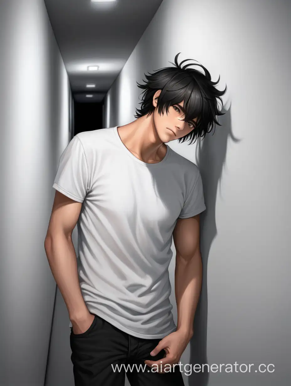 Парень с черными растрепанными волосами, в белой футболке и черных штанах, стоит рядом со стеной в коридоре и держится за грудь.