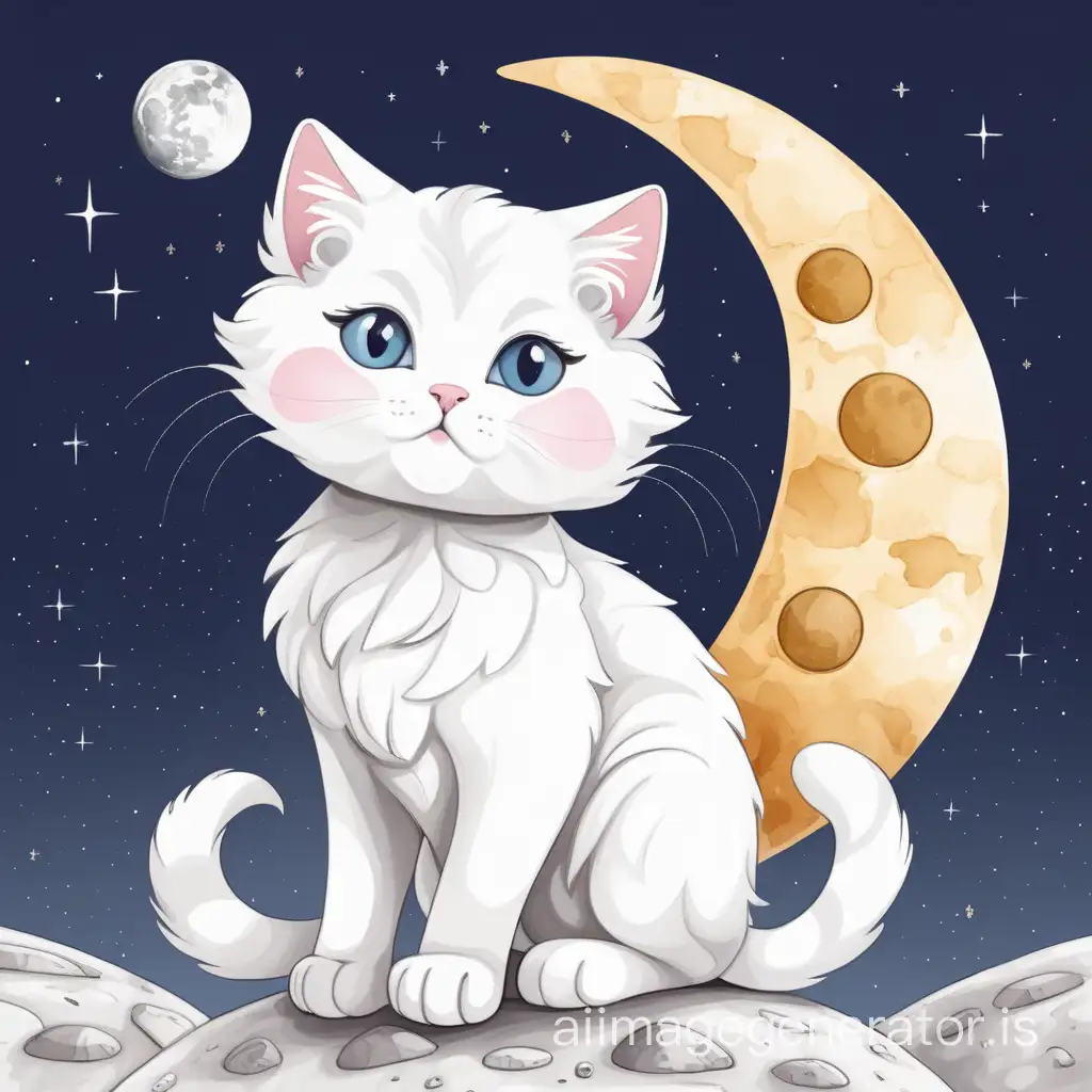 Adorable-White-Cat-Sitting-on-Moon-Against-White-Background