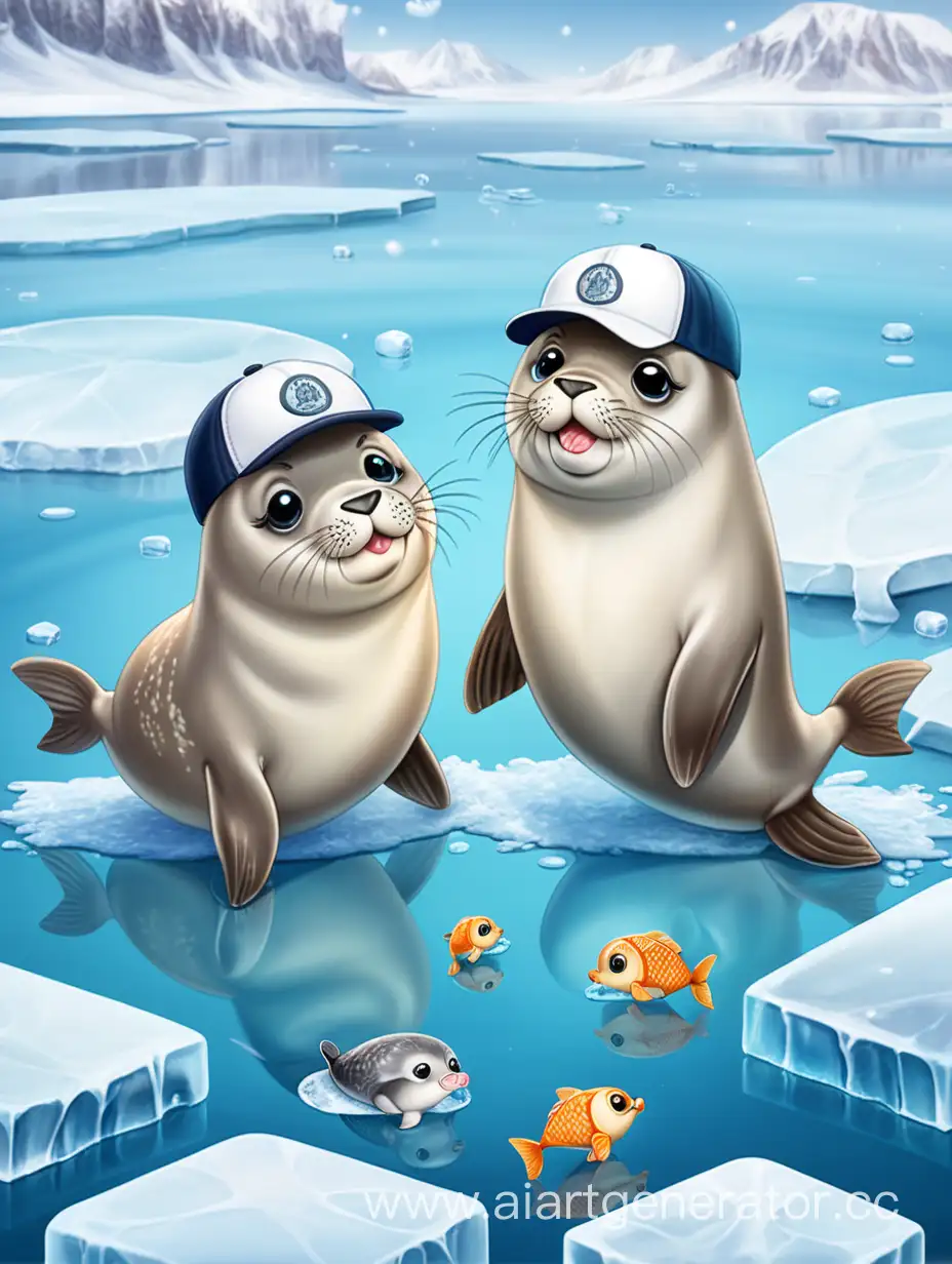 Две маленьких красивых милые нерпы с кепкой с на льду стоят в зубах рыба мультяшная  