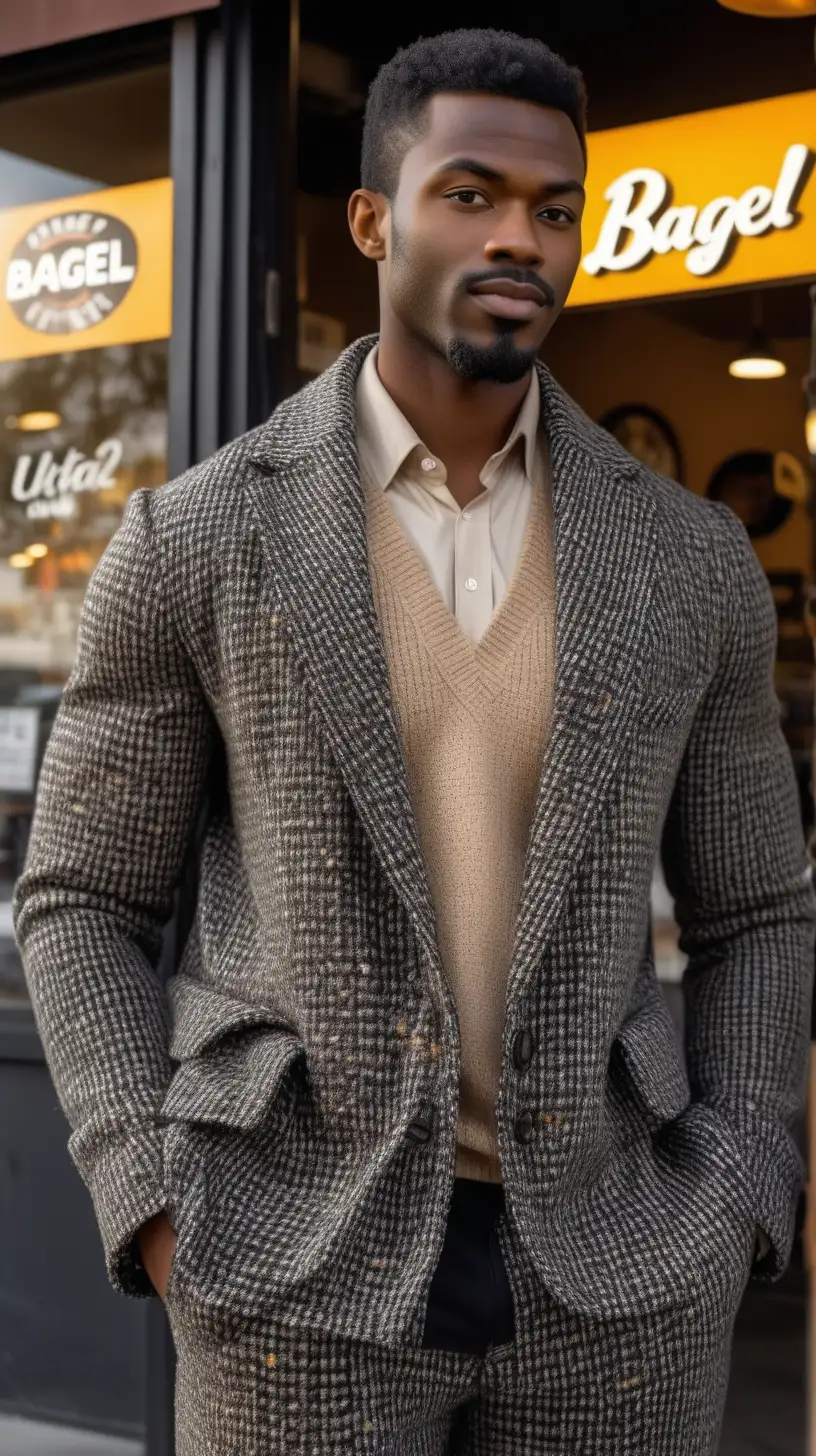   Sexy, black, man, wearing Grey tweed, pants, wearing Beige, v neck sweater, wearing, black, African Print,  Tweed 3/4 Coat, standing outside of bagel shop in Los Angeles, ultra 4k, high definition, view is close up, light source from the front, facing subject