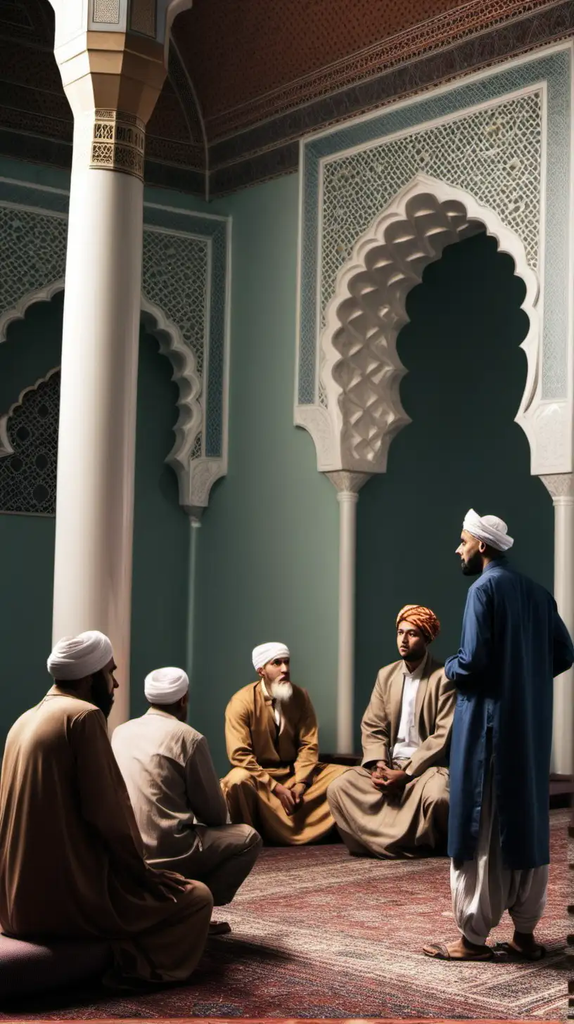 four of men in a mosque listening to another man wearing a turban speak in the year 1200