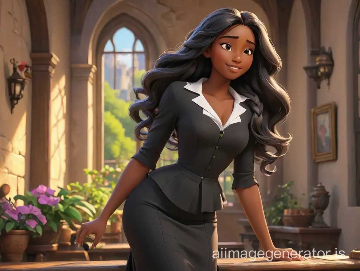 3D, Rapunzel, with black skin, black hair,  she  soared in paradicel enjoying, she closed eyes,  experiences   paradise  enjoyable sensations,  in a skin-tight business manager suit, a long black skin-tight skirt with a peplum,wide hips, three angles, collage