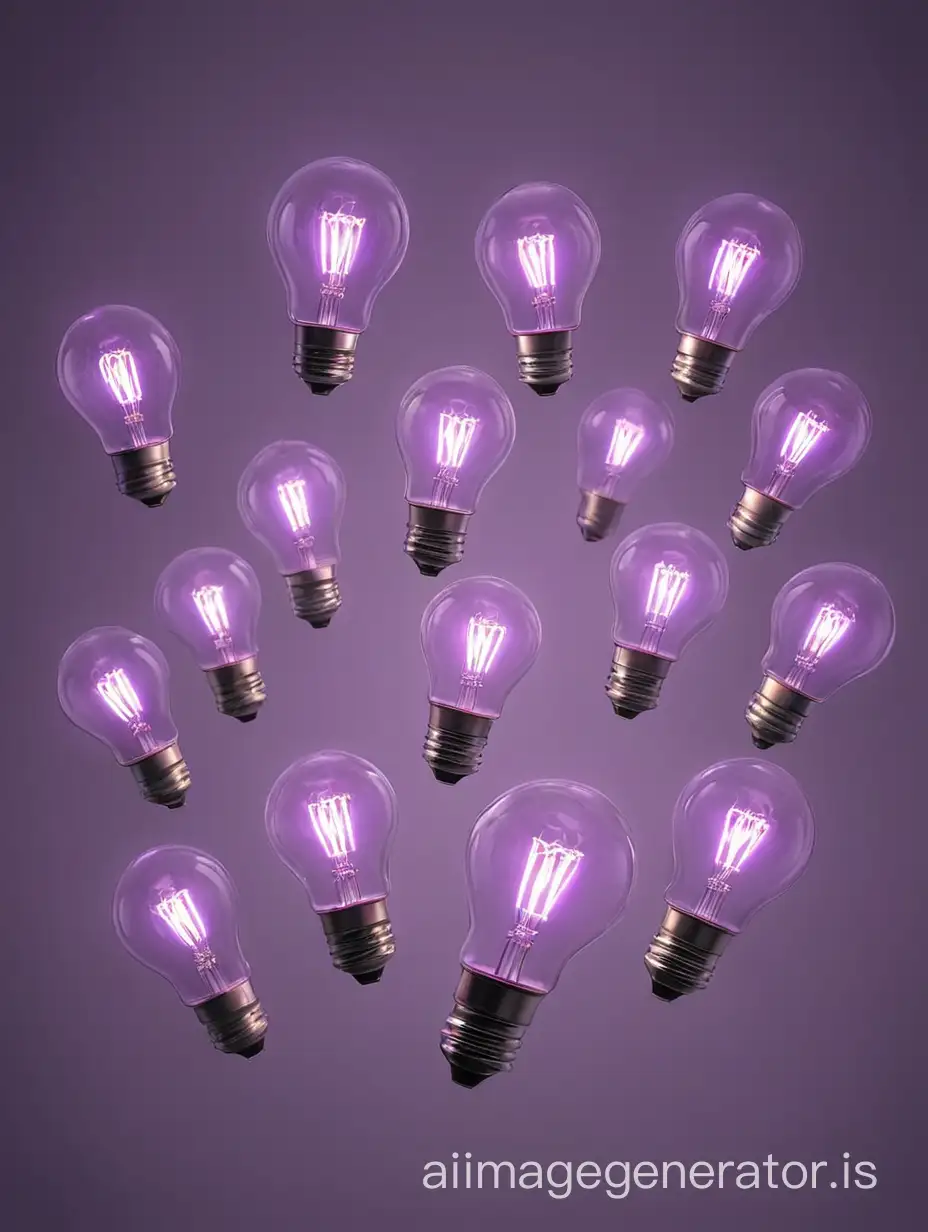ten purple luminous light bulbs flying in the air on a plain gradient background