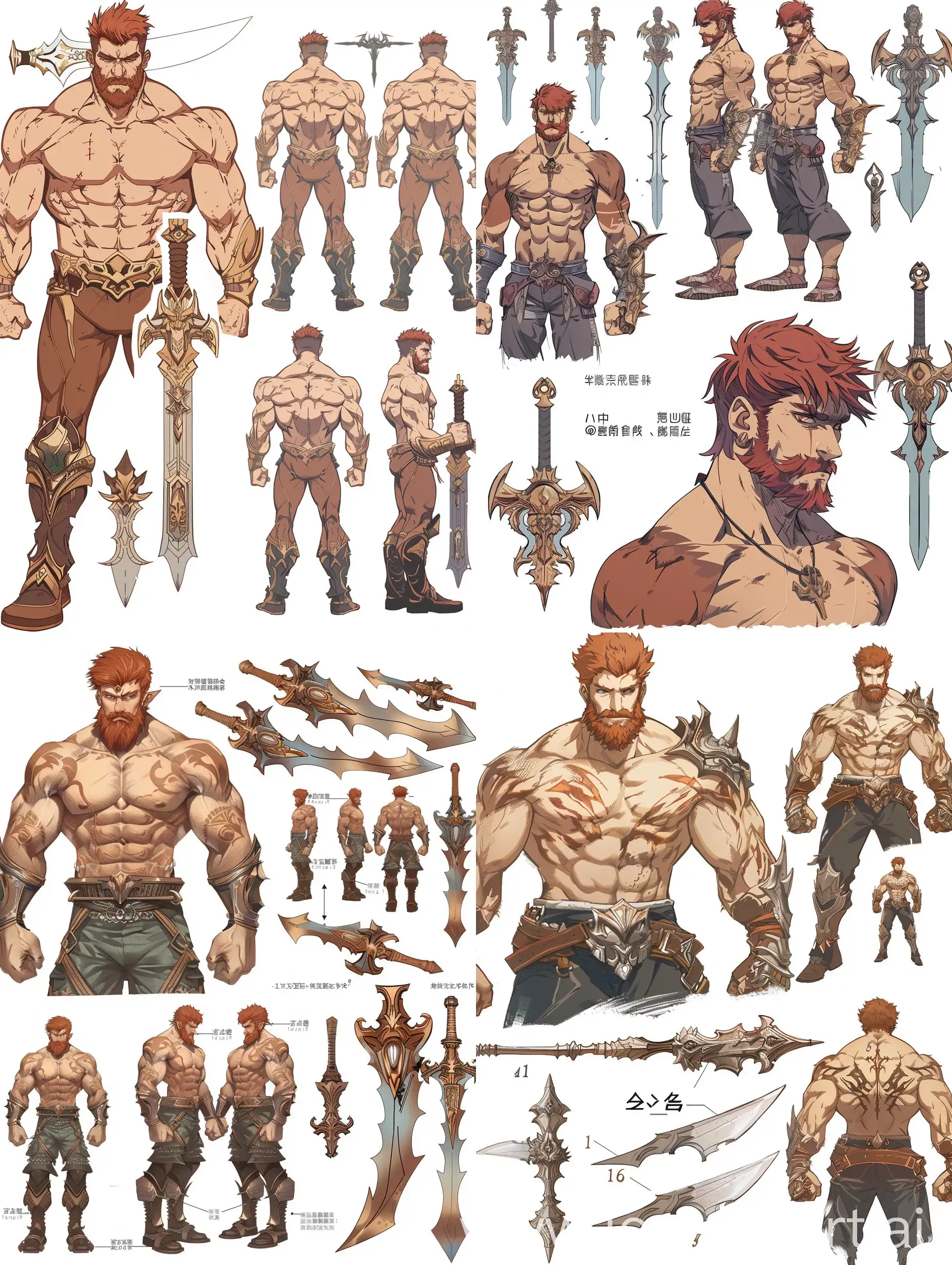 Anime style, character sheet for a muscular male fighter with red hair and beard, muscular chest, short hair, ornate greatsword, multiple angles