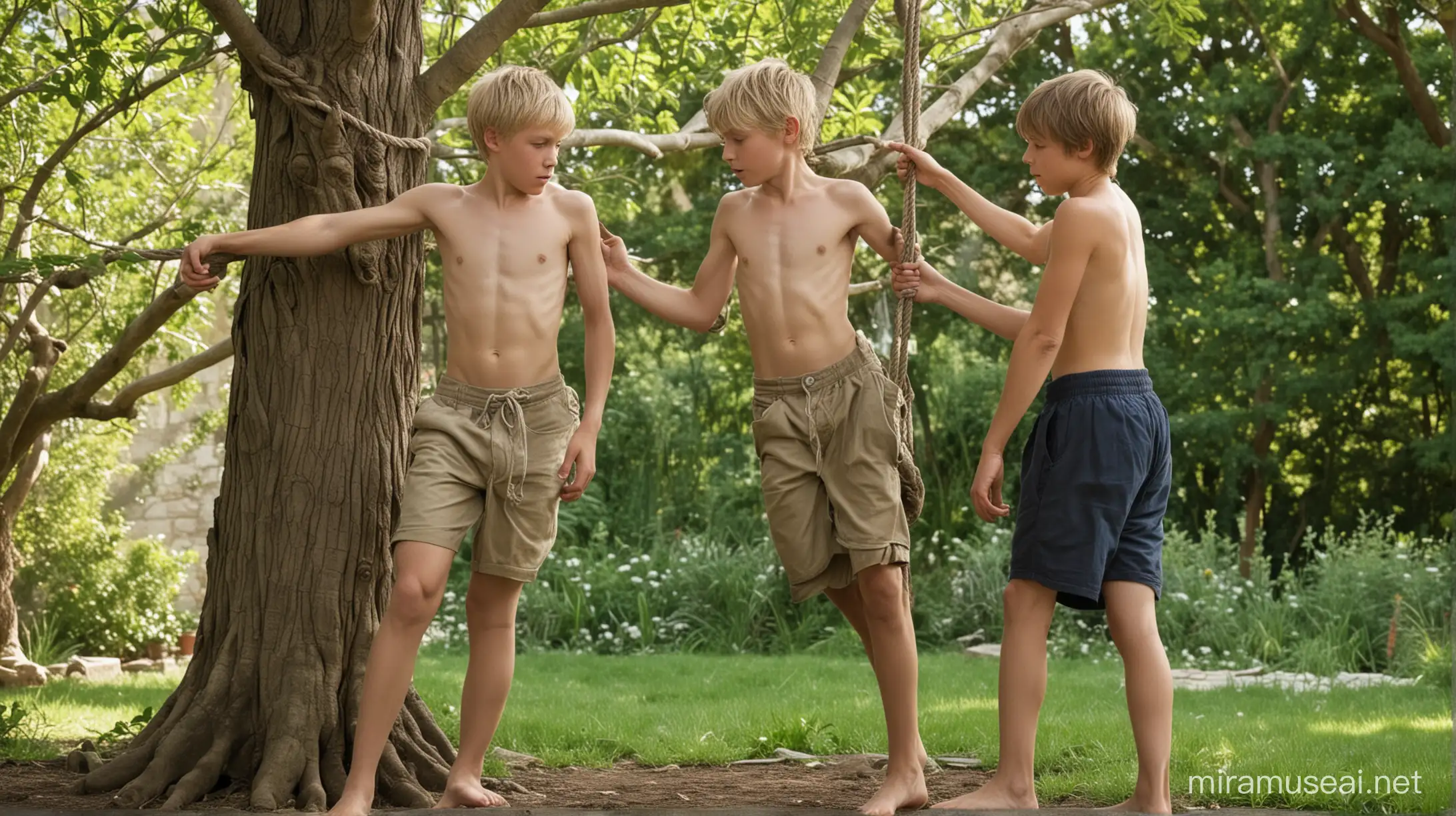 2 Jungs, 13 Jahre alt, blond, kurze Hosen, freier Oberkörper, barfuß, spielen in einem alten Garten, einer ist der Gefangene, er steht mit den Rücken an einen Baumstamm gelehnt, die Arme sind noch oben ausgestreckt, der andere fesselt ihm  mit einem Seil die Händen über kopf an einen Ast