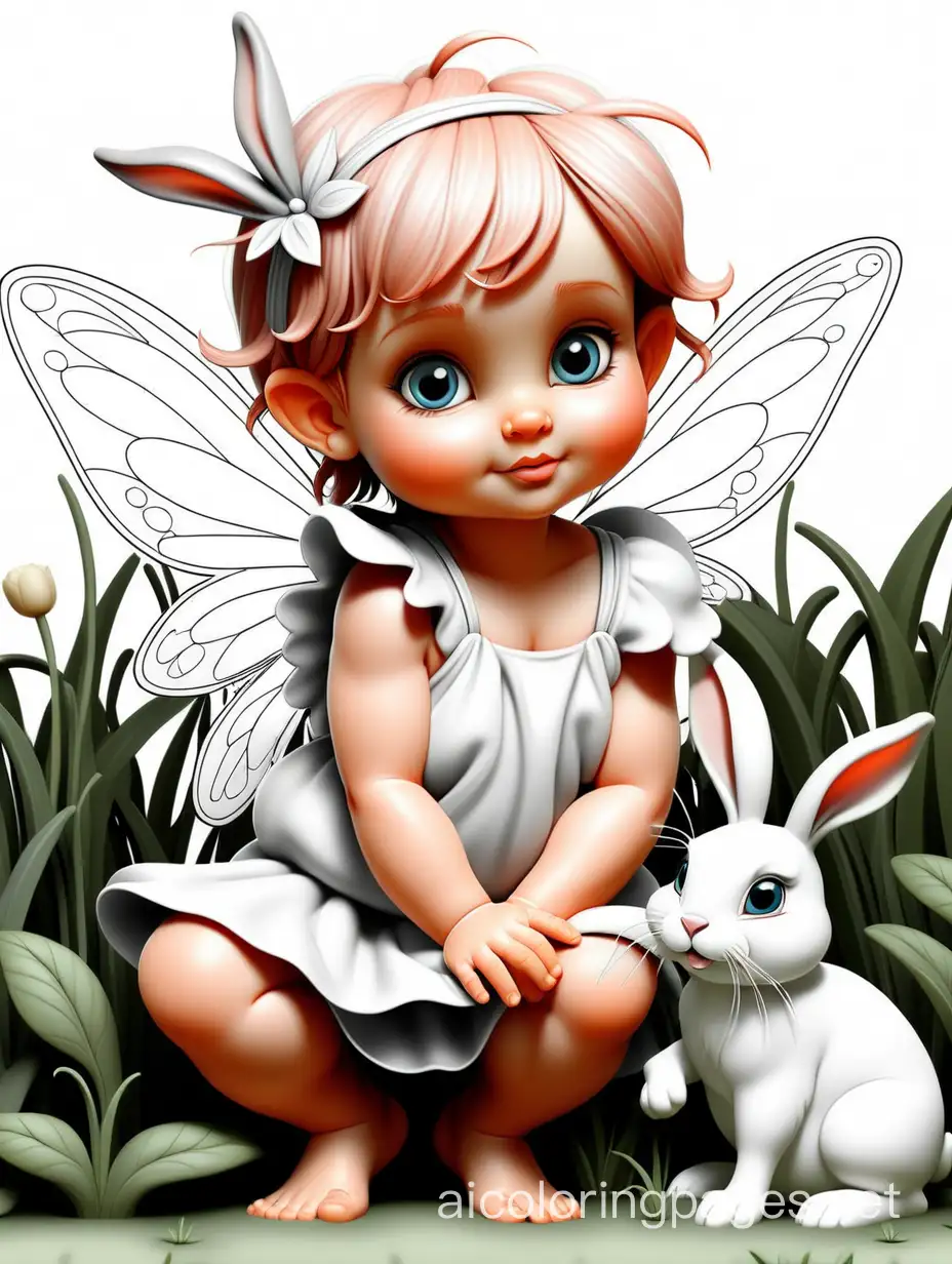 Baby fairy with rabbit, Coloring Page, black and white, line art, white background, Simplicity, Ample White Space. The background of the coloring page is plain white to make it easy for young children to color within the lines. The outlines of all the subjects are easy to distinguish, making it simple for kids to color without too much difficulty
