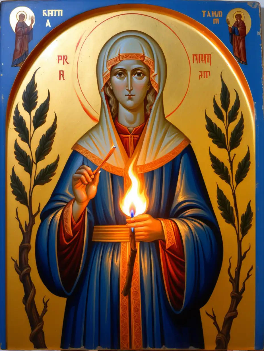 byzantine icon painting of  female saint holding a lit match in one hand which is on fire, the other hand holds a branch with leaves. the robes have fire on them. shiny. the other hand holds a branch from a tree with leaves. russian writing in background. blonde hair. blue background