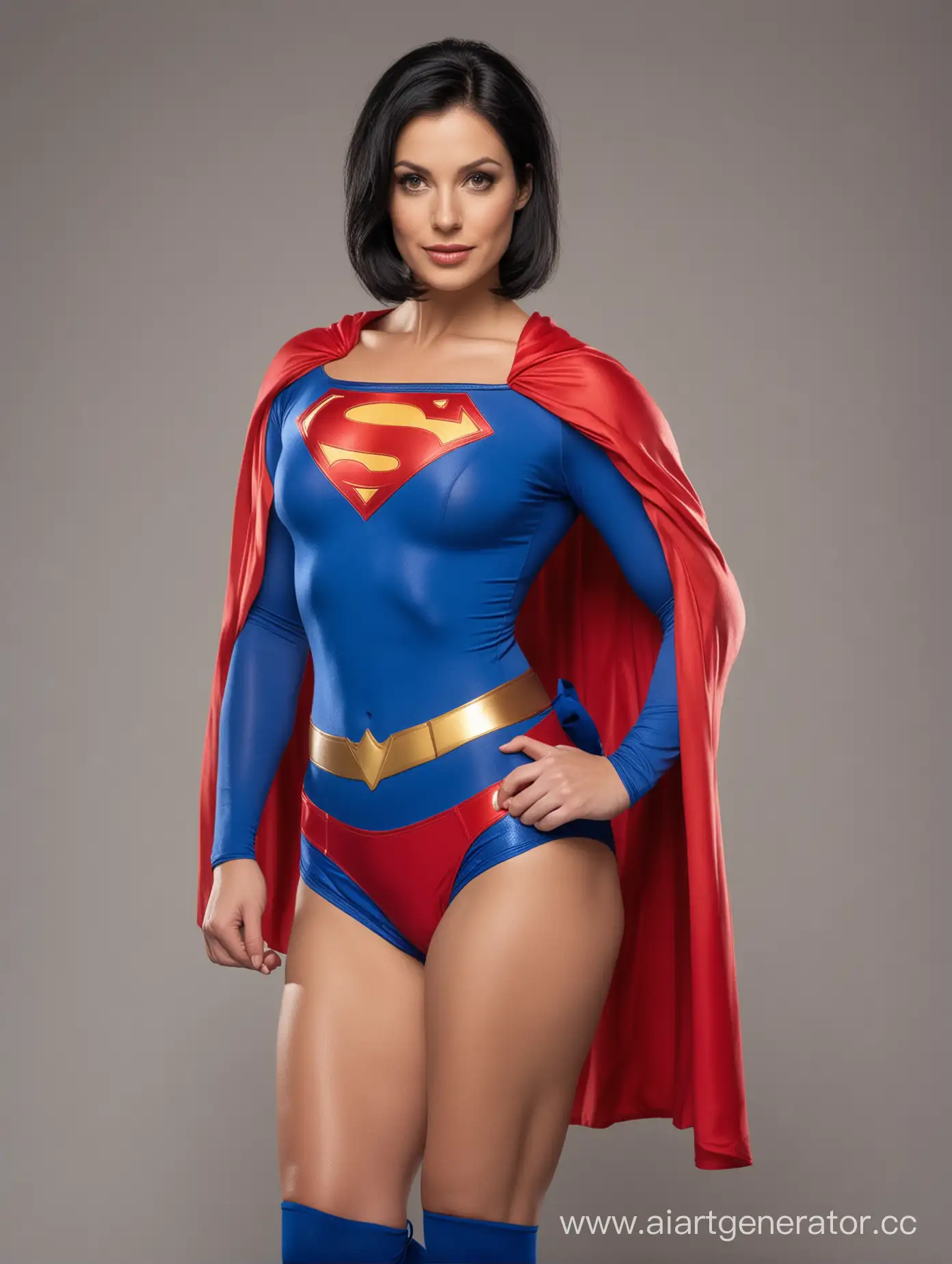 A pretty woman with black hair, age 30, she is confident and proud, her body is very muscular, she is wearing the classic Superwoman costume, bright blue spandex tights, red briefs, red cape