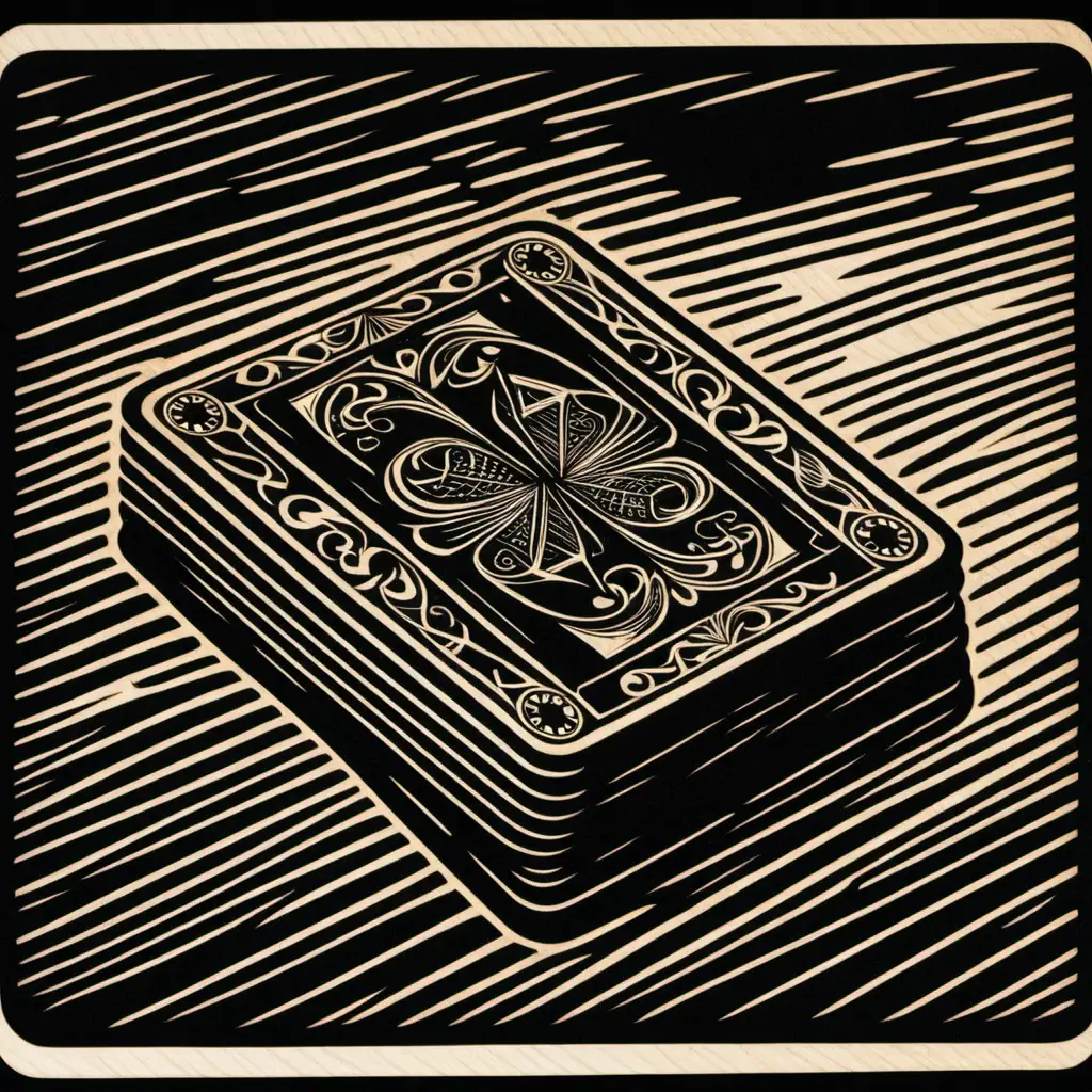 a black and white woodcut of a deck of cards