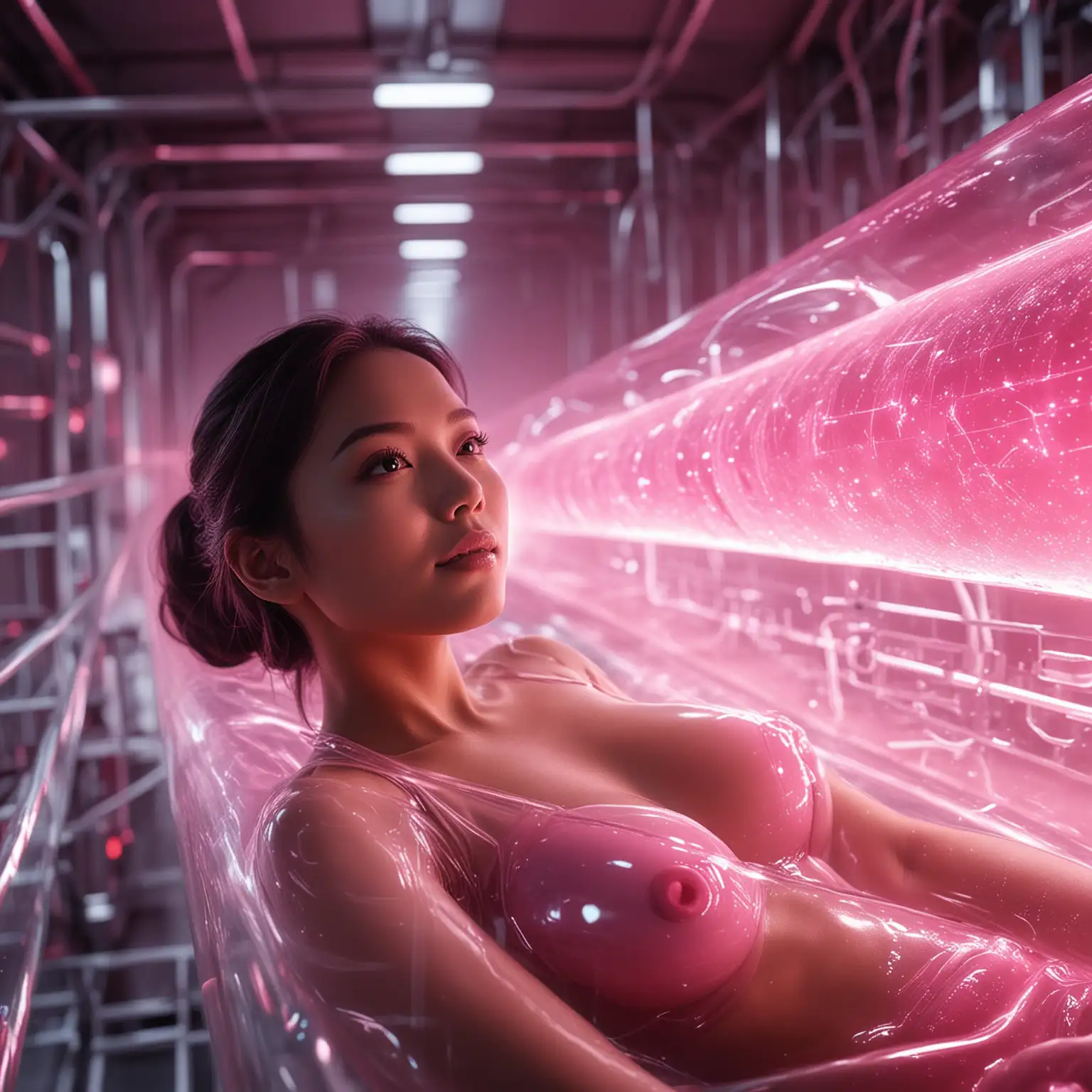 AI materialising in a huge horizontal tube glowing, transparent pink electronic goo, dim, slight pink, spaceship laboratory, energy fusion of female Indonesian body with huge breasts laying on back