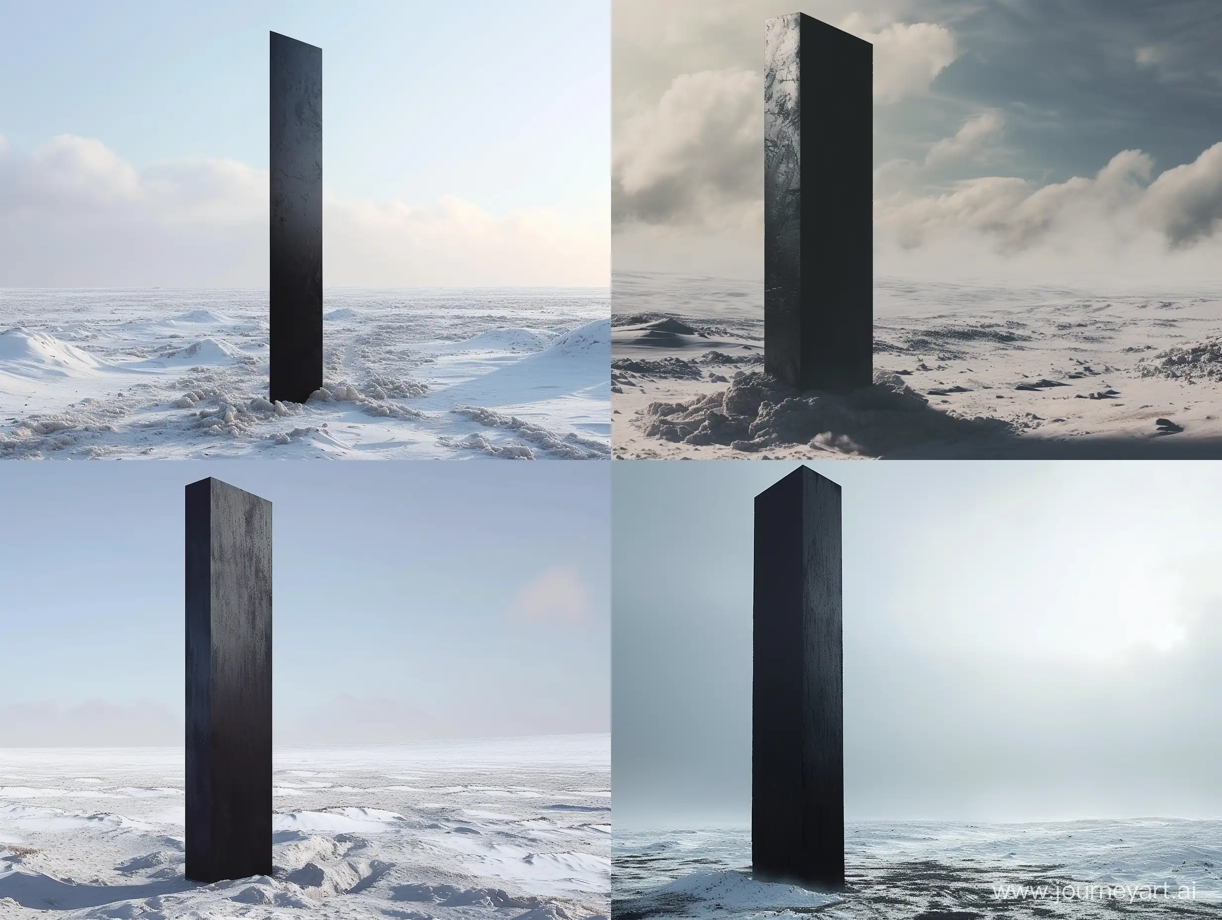 movie screenshot of a tall black monolith in a desolate snowy landscape