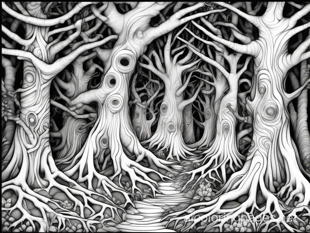 Trees extremely detailed, intricate, beautiful ,  Brian Froud, catherine abel , Yacek Yerka, Bernard Frize, Coloring Page, black and white, line art, white background, Simplicity, Ample White Space. The background of the coloring page is plain white to make it easy for young children to color within the lines. The outlines of all the subjects are easy to distinguish, making it simple for kids to color without too much difficulty