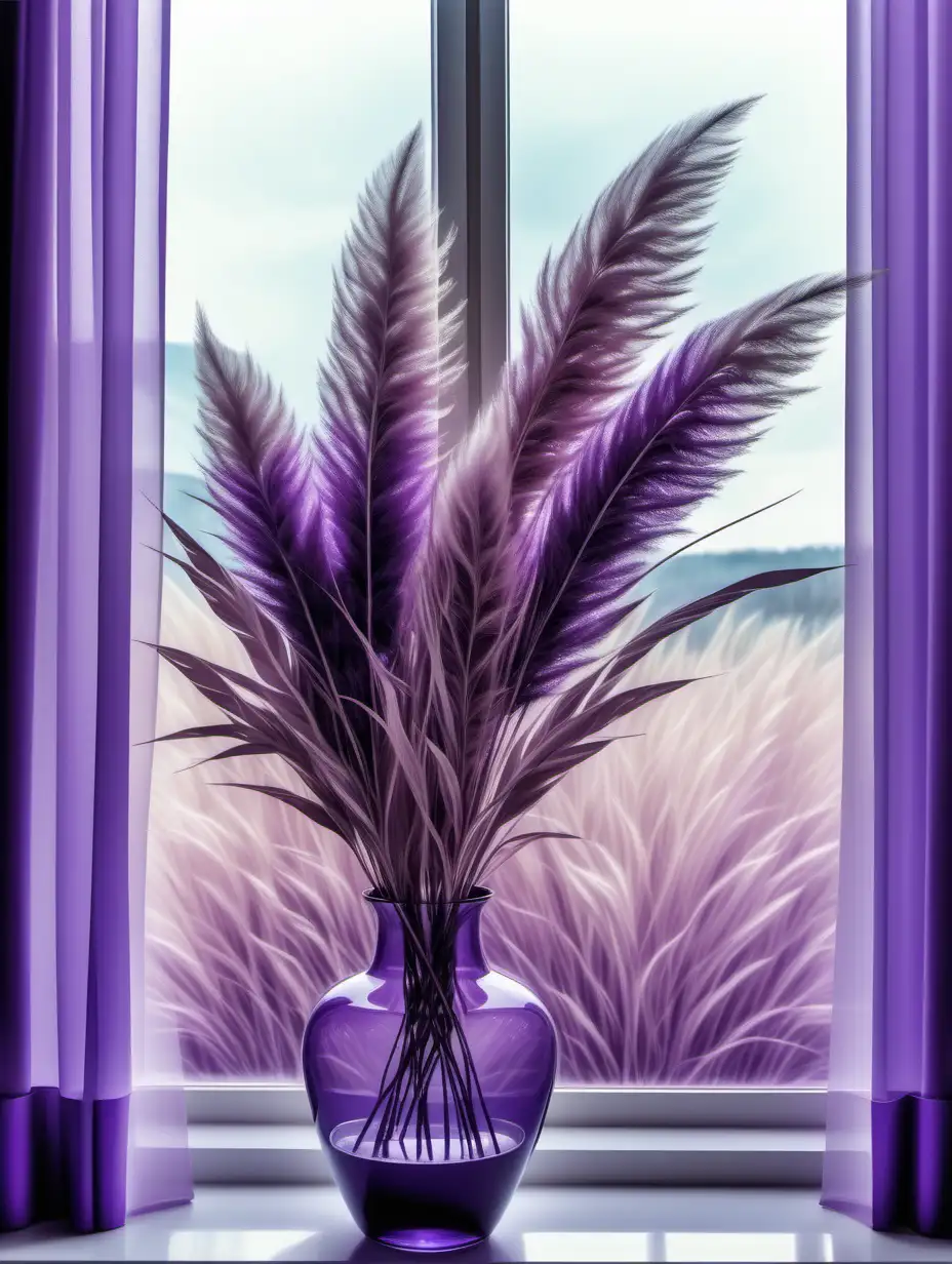 Violet Pastel Pampas Arrangement Aquarelle Art Style on Window Sill