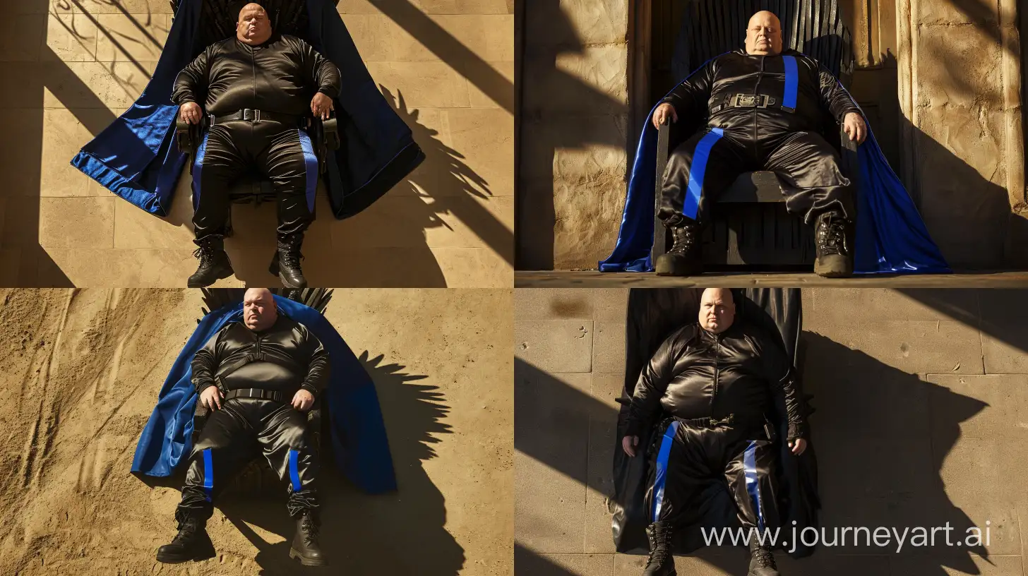 Portrait aerial photo of a chubby man aged 70 wearing a silky black tracksuit. Royal blue vertical stripe on the side of the pants. He has a black tactical belt. He has a big and long royal blue leather cape. Black Hiking Boots. He is sitting in a throne. Direct Sunlight. Bald. Clean Shaven. Outside. --style raw --ar 16:9 --v 6