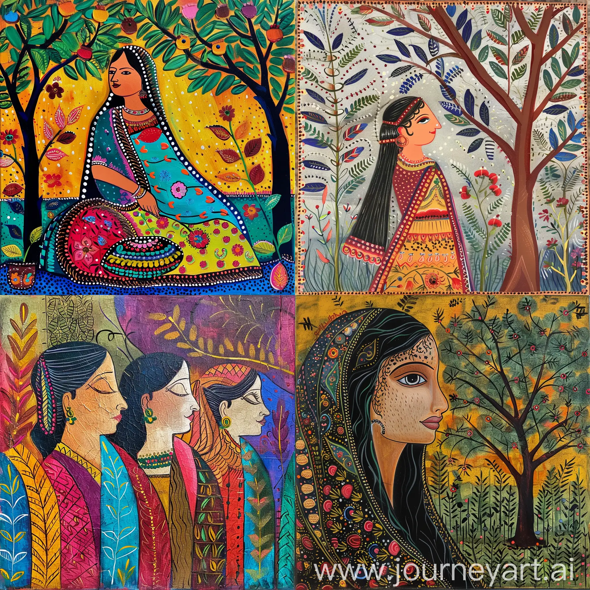 Generate an painting on women empowerment showing beauty of women her struggle esthetic vibe a tittle more type of a wavy artistic mixture of warli , madhubani ,mithila painting