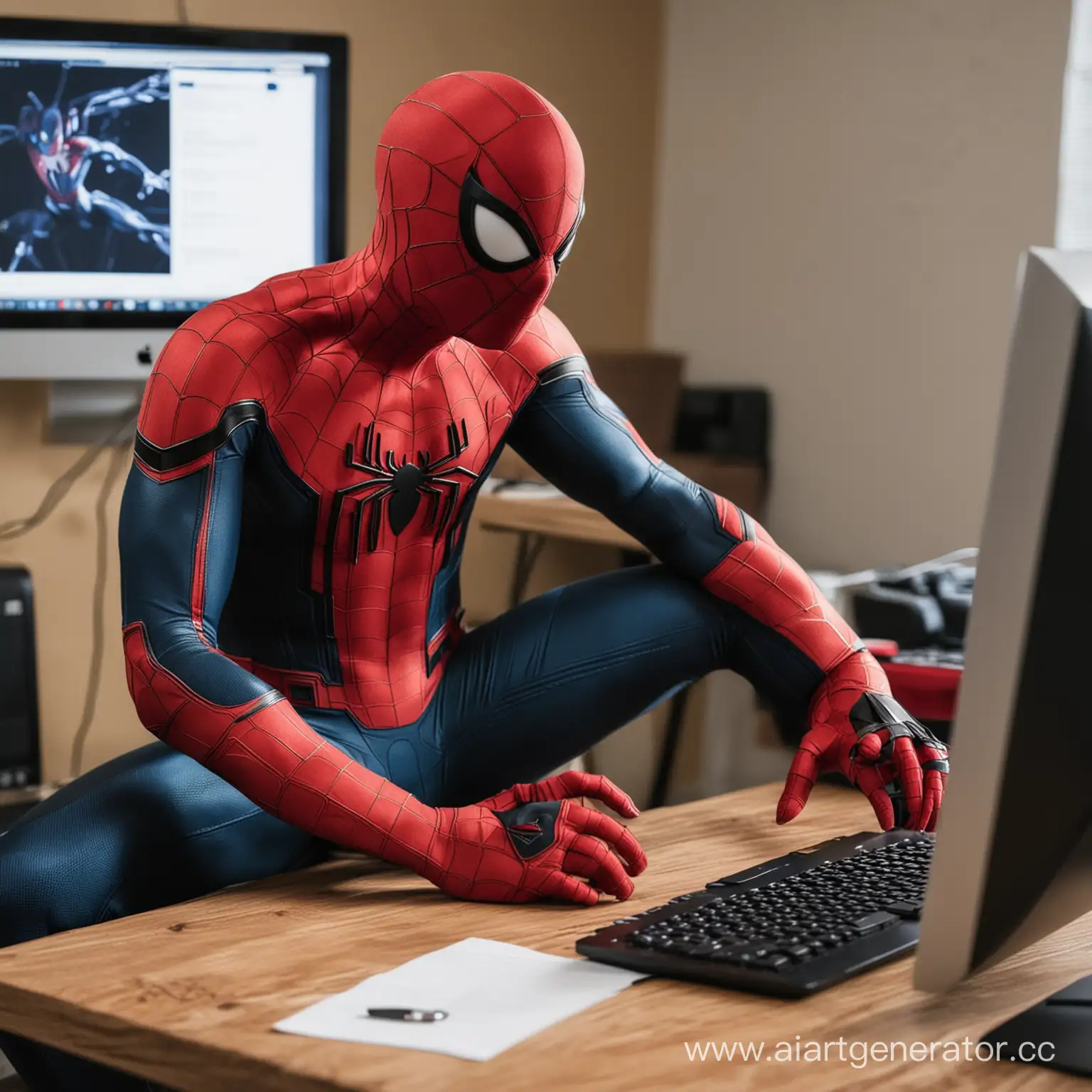 Человек паук сидит за компьютером