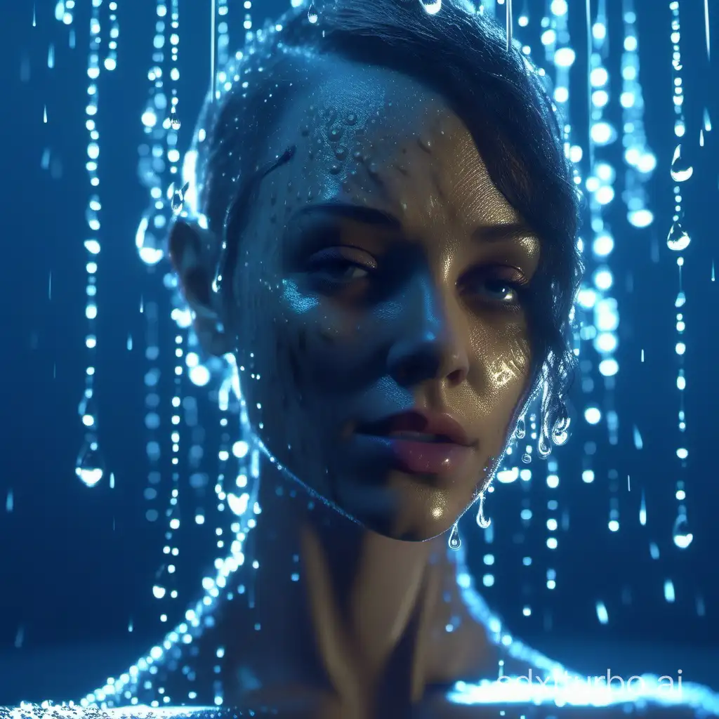 female humanoid with raindrops on her petals,blue lighting, cinematic focus, 4k, 3d, photorealistic with amazing details