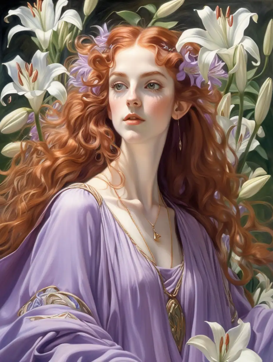 In the style of a John Singer Sargent painting, a beautiful elven woman, she is a cleric, she has curly red hair, she wears flowing lilac robes, she is surrounded  by white lilies