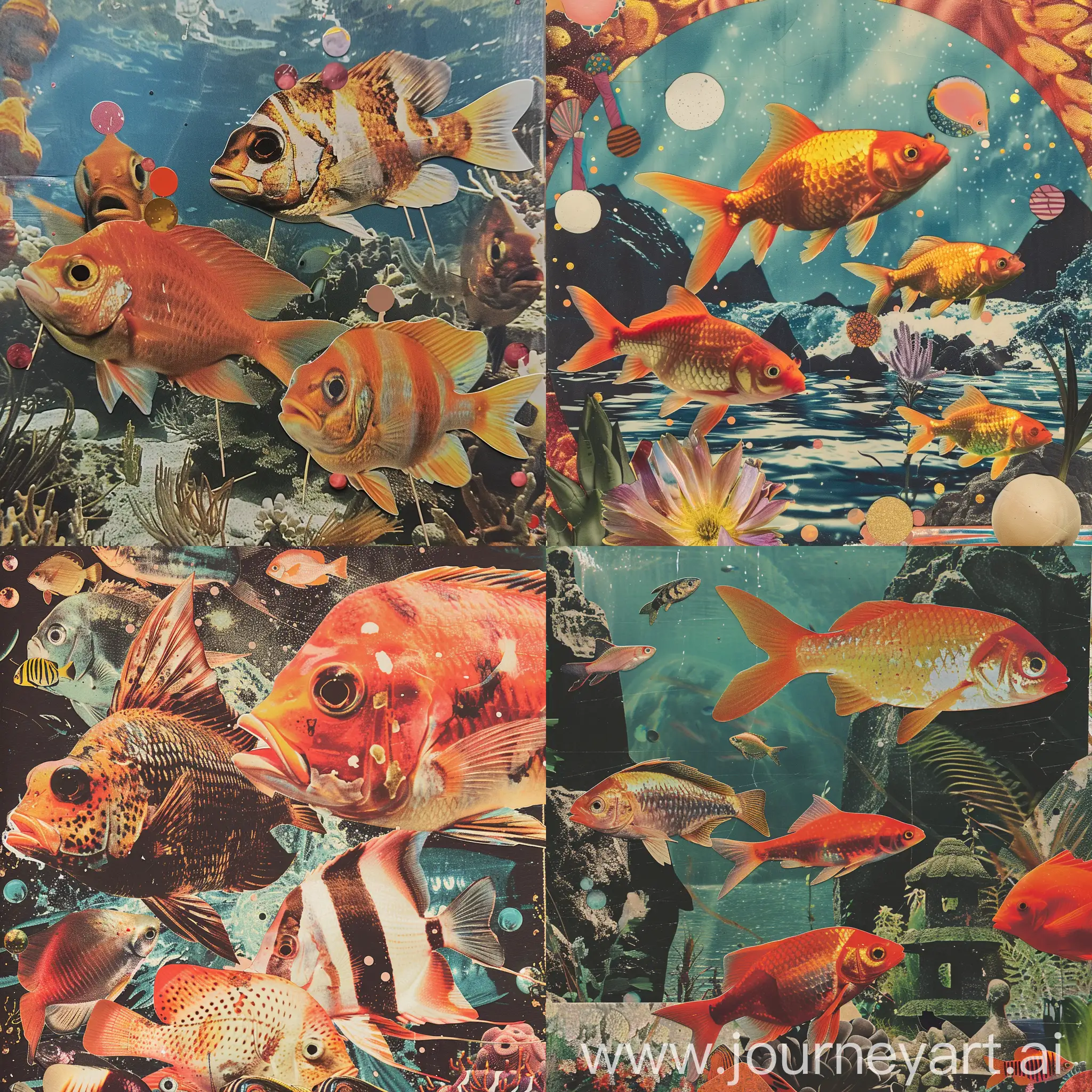 fête de poissons d'avril collage vintage psychédélique dans le style de wes anderson