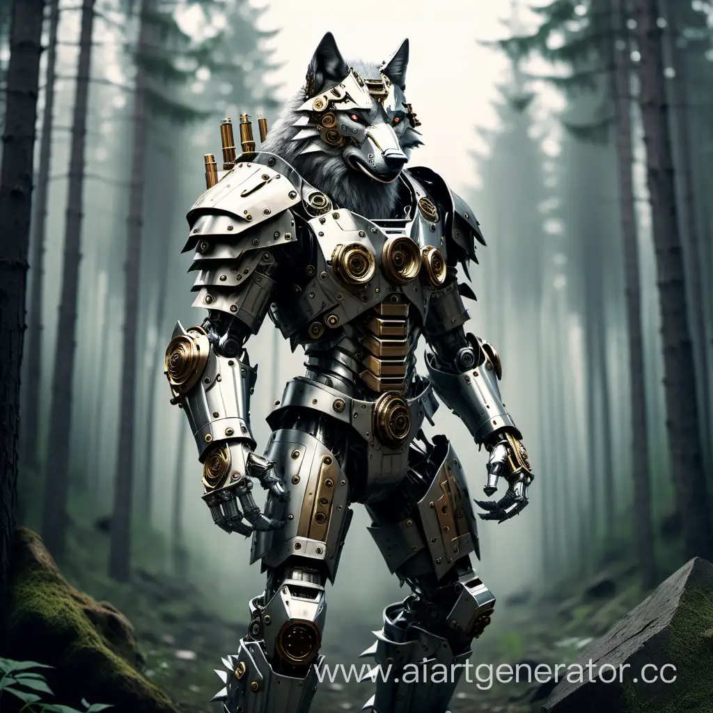 волк в мехонической броне на фоне леса