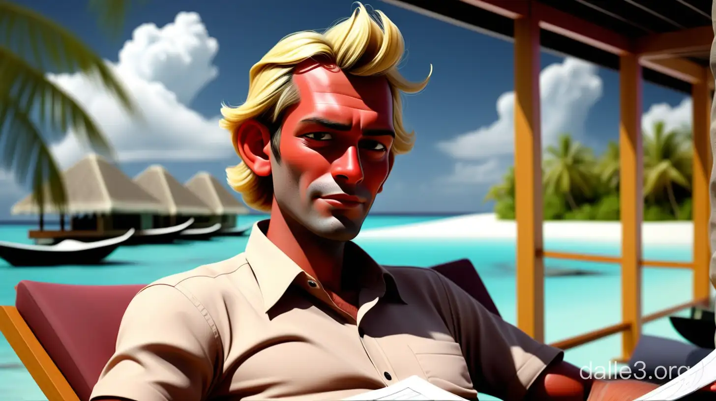 Draw a colored photo of a young unemployed former top manager as he relaxes in the Maldives