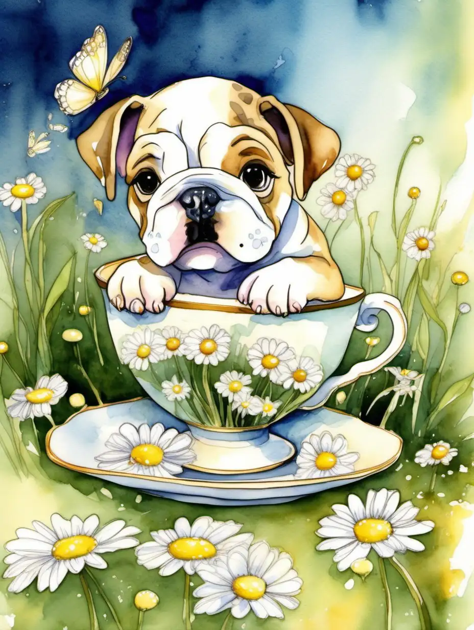 Picture a whimsical setting where a cute Bulldog puppy explores a teacup filled with delicate daisies. Use watercolors to bring out the simplicity and purity of the scene, with soft whites and yellows enhancing the overall sweetness.
