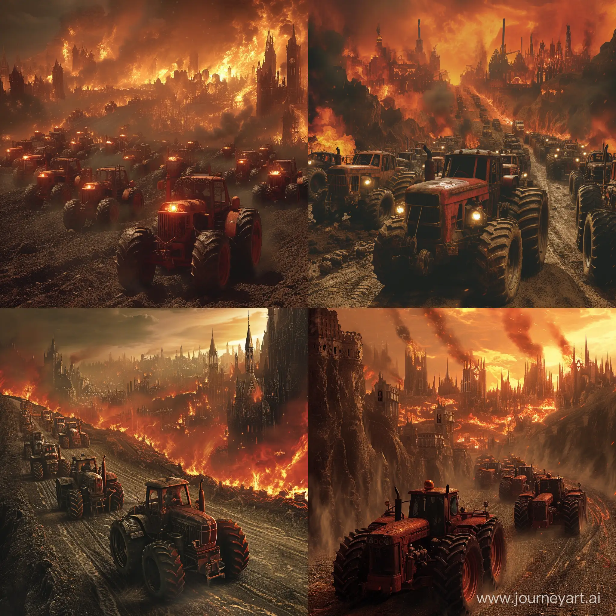 Nombreux tracteurs inspiration Mad Max, style gothique, convergent vers la ville,  arrière plan paysage en flamme, style cinematic