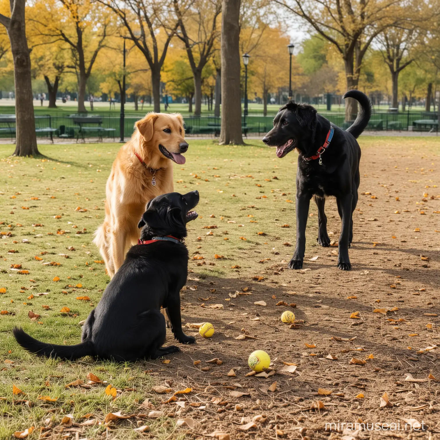 one golden and  one black dog playing at the park