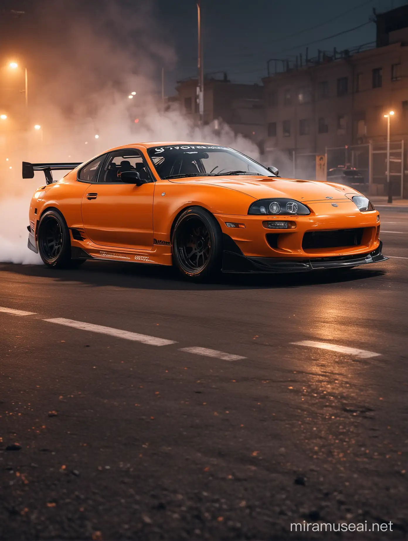 Dynamic Drift Photoshoot Toyota Supra 1990 in Orange with Wide Race Body Kit