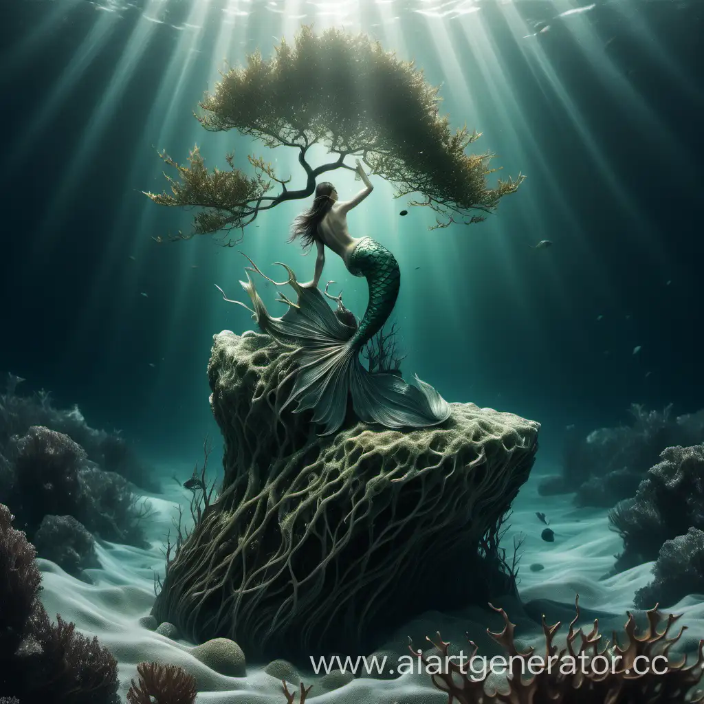 скала с одиноким деревом в море в морской капусте . на ветке русалка