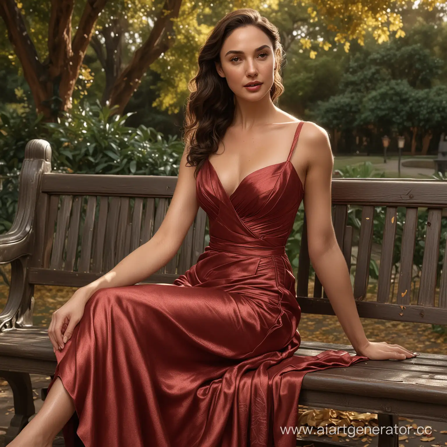 Gal Gadot in a long satin dress that gracefully pools around her as she sits on an antiquated park bench, natural sunlight filtering through the leaves overhead, creates a soft glow on the fabric's shimmer, elaborate textures visible, deep crimson hue with subtle sheen, gently contrasting with the muted tones of the serene park setting, digital painting, ultra-realistic, golden ratio.