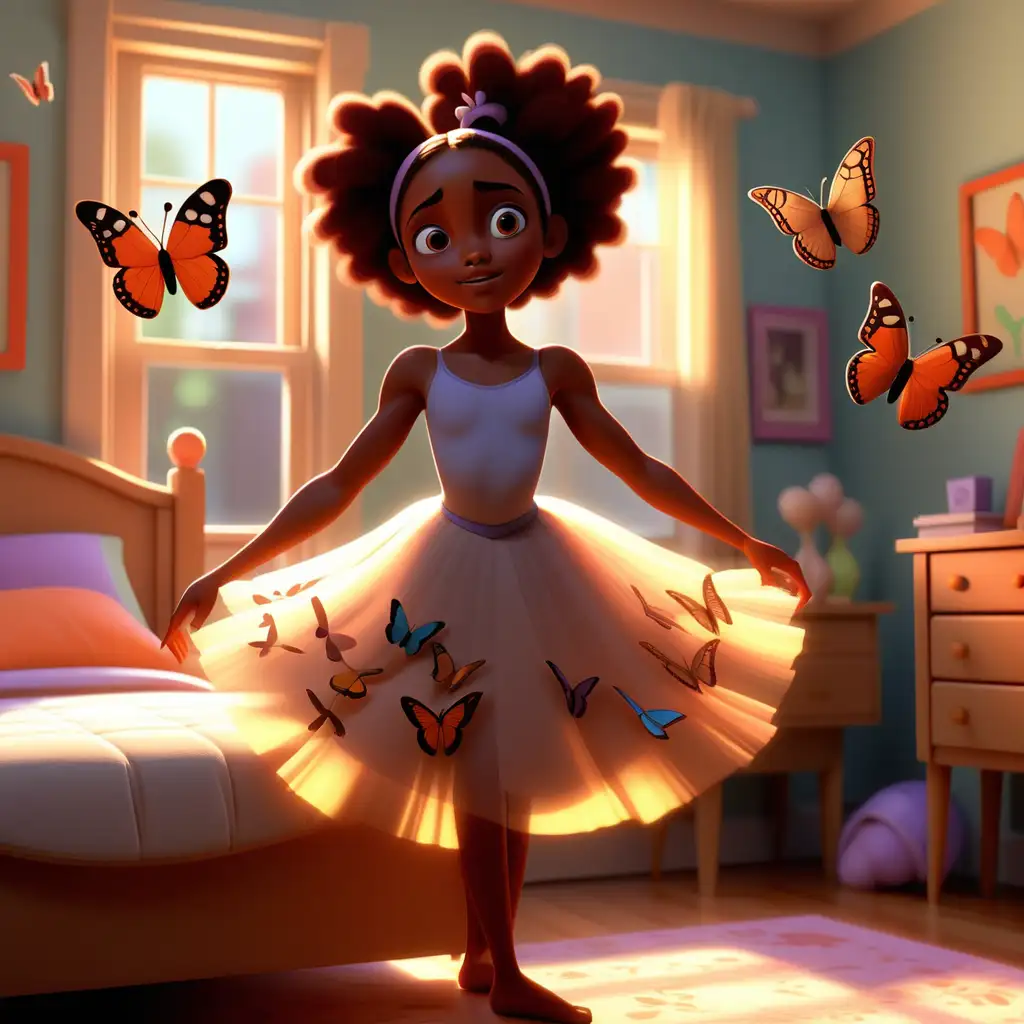 Prompt 1:  "Beautiful African-American girl in her bedroom surrounded by butterflies, practicing ballet with the morning sunrise gently illuminating the room, in the style of Pixar 3D animation."  Prompt 2:  "In the vibrant Pixar 3D animation style, a beautiful African-American girl is dancing ballet in her bedroom adorned with colorful butterflies, as the morning sun rises casting warm hue around."  Prompt 3:  "Imagine a scene rendered in Pixar 3D animation style where a beautiful African-American girl is engaging in ballet in her bedroom filled with fluttering butterflies under the soft light of the morning sunrise."  Prompt 4:  "A beautiful African-American girl, in her butterfly-filled bedroom, demonstrates her ballet skills, under the emerging morning sun, all depicted in the lively and engaging style of Pixar's 3D animation."