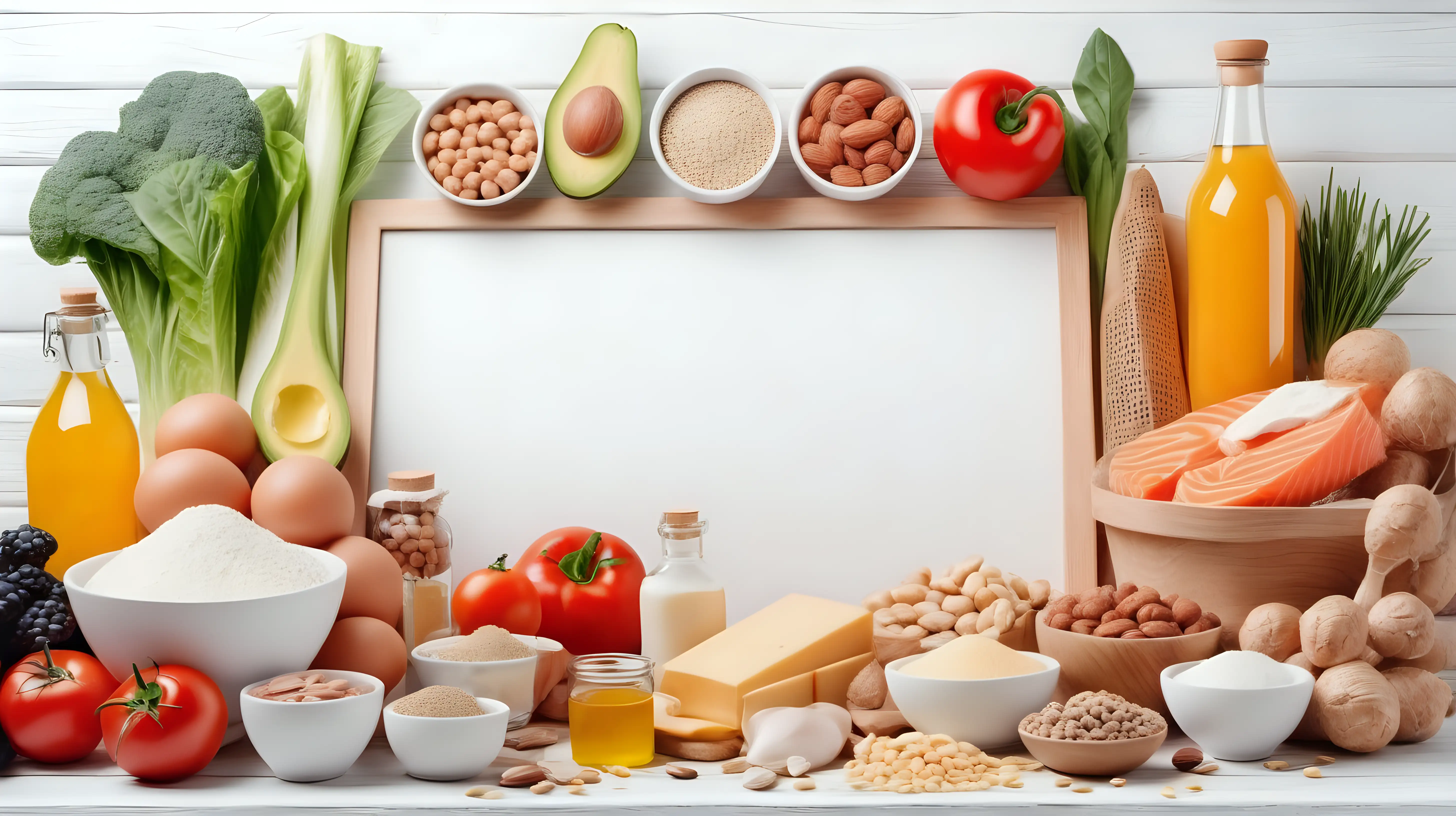Composition with food products, ingredients of healthy diet, wooden  table, white background, copy space, photo shoot