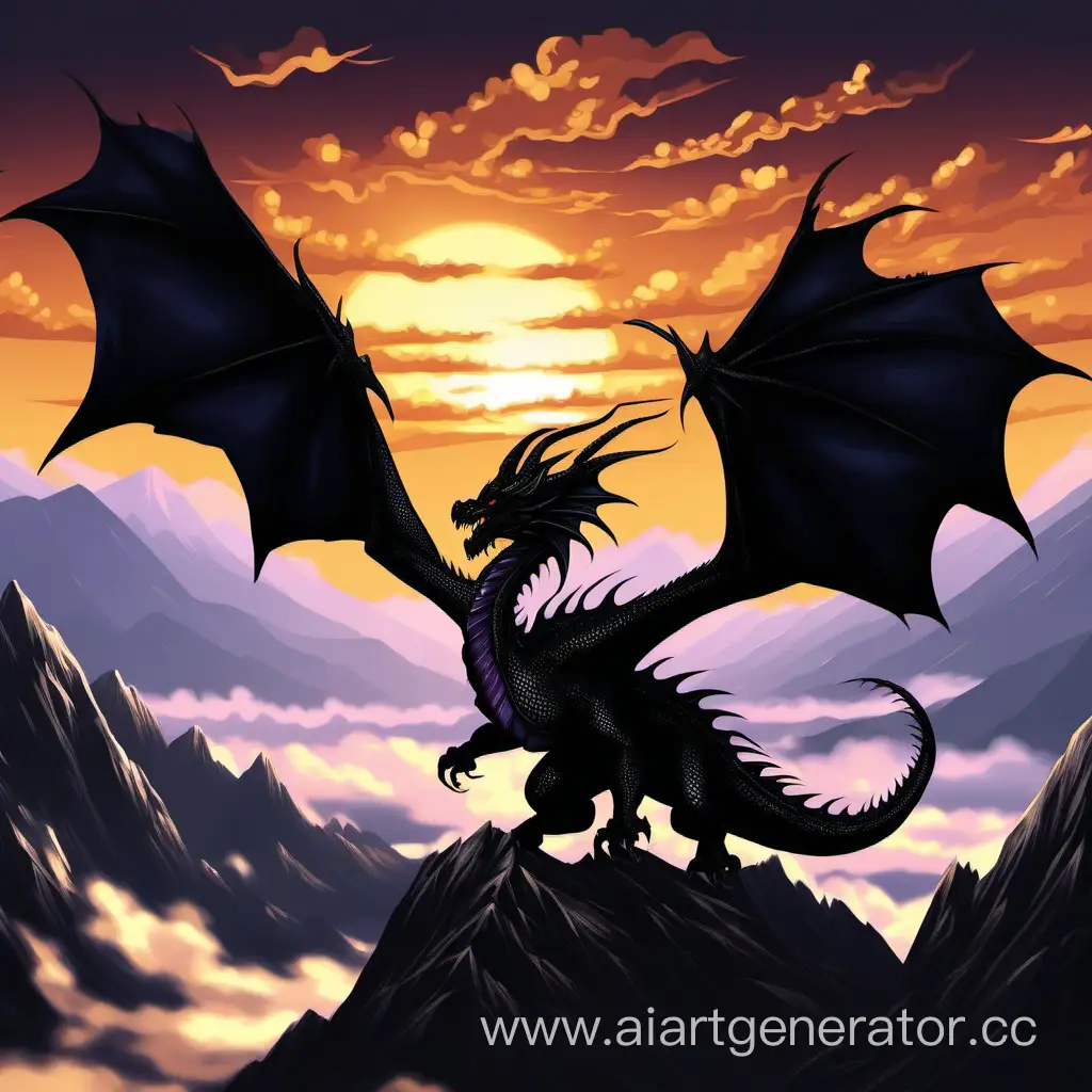 черный дракон, от него веет тьмой, на фоне закат и горы,дракон летит в небе над горами