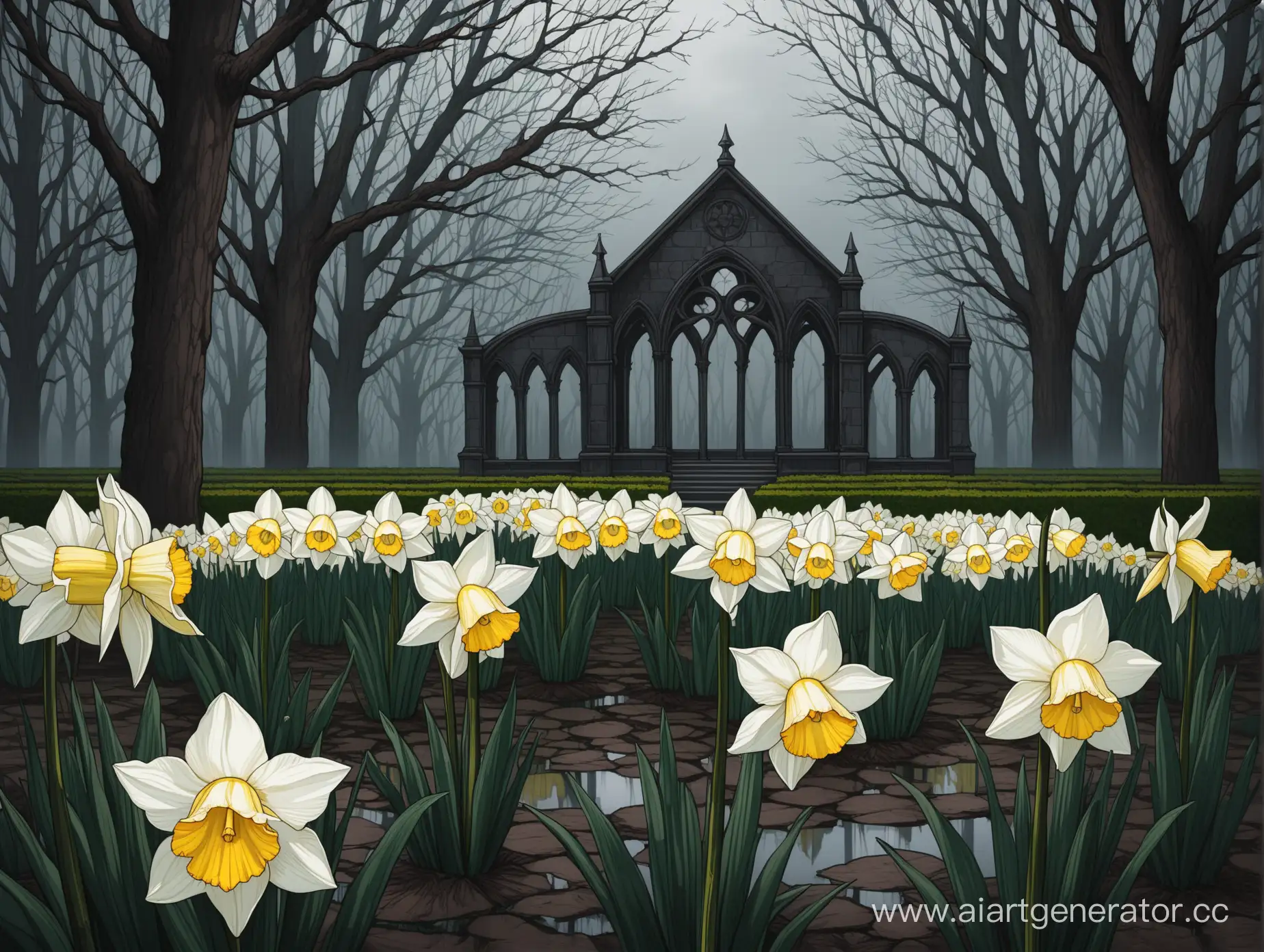 Цветок Нарцисс в мрачном готическом саду 