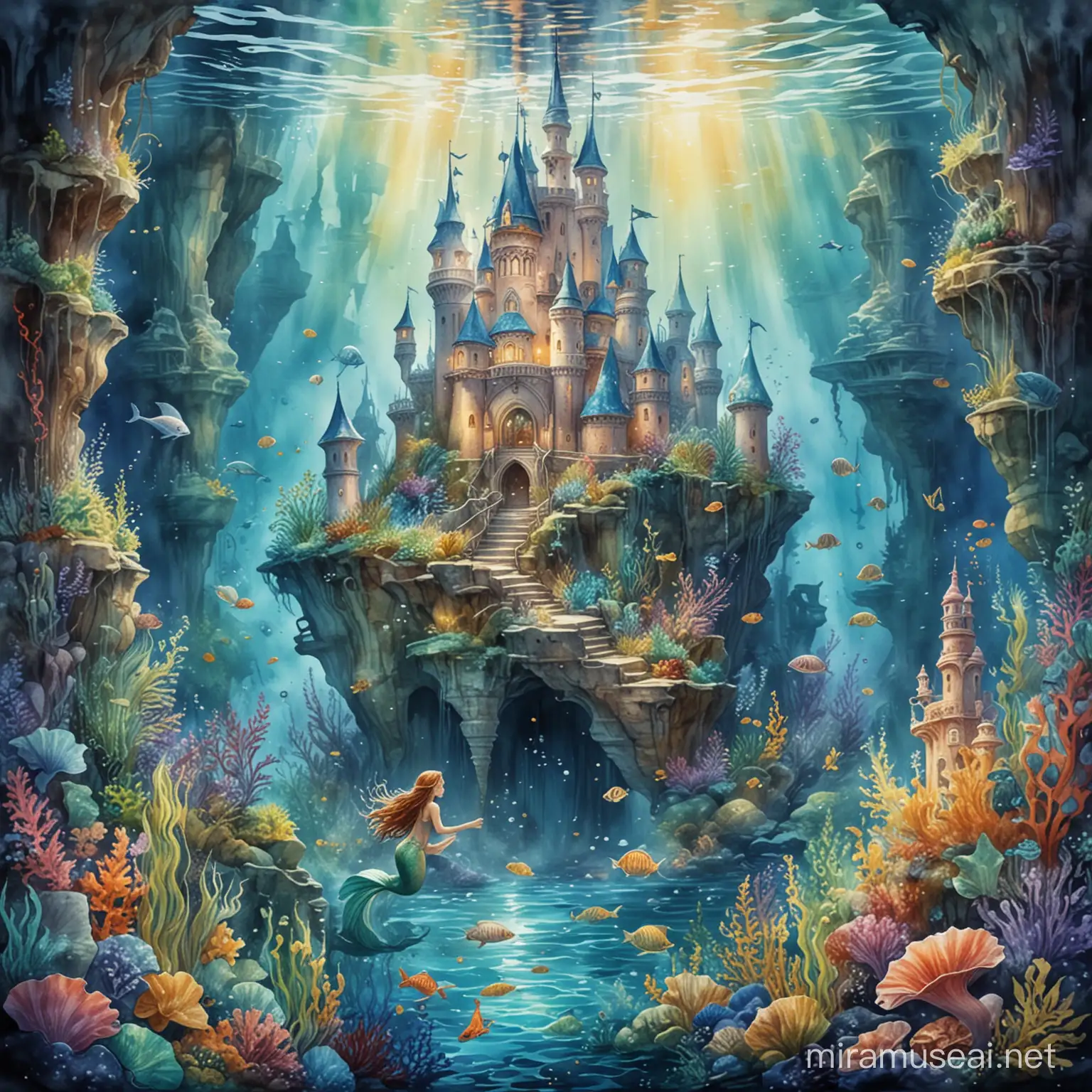 mundo encantado debaixo d'água, pintura a óleo estilo aquarela, sereias, castelo subaquático,  caçador se tesouros no fundo do mar. Baleossauro